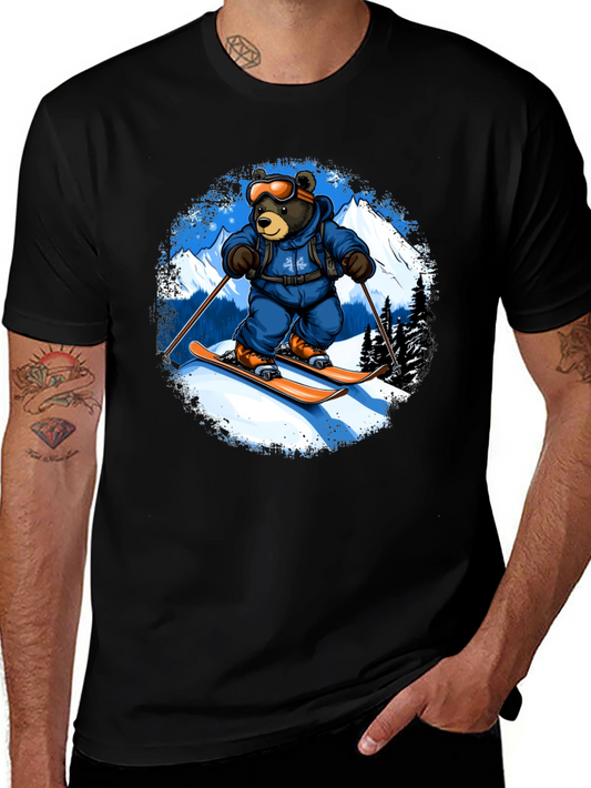 Skiing Bear Graphic Tee - Black Cotton T-Shirt