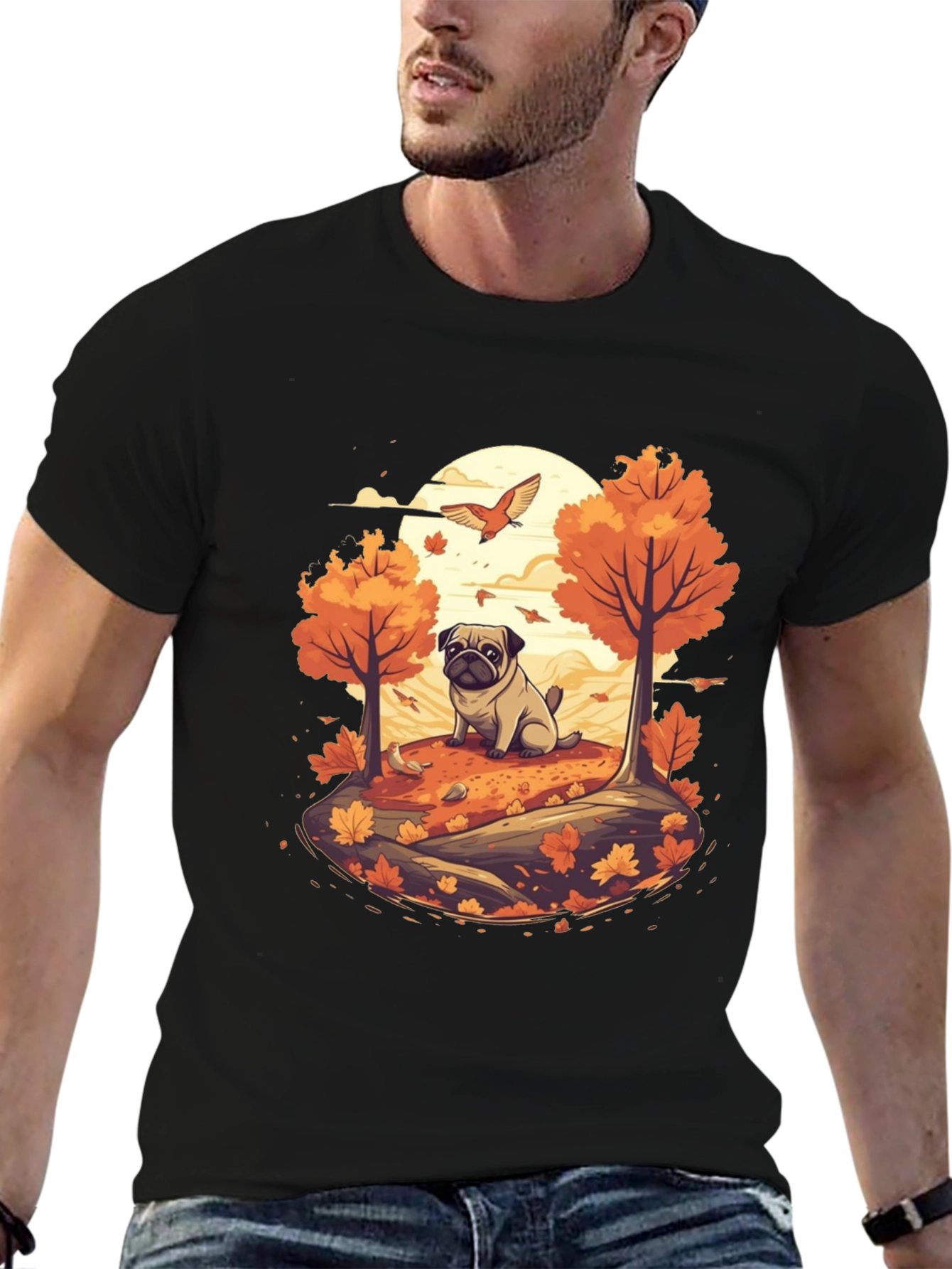 Pug in Autumn T-Shirt - Whimsical Fall Design