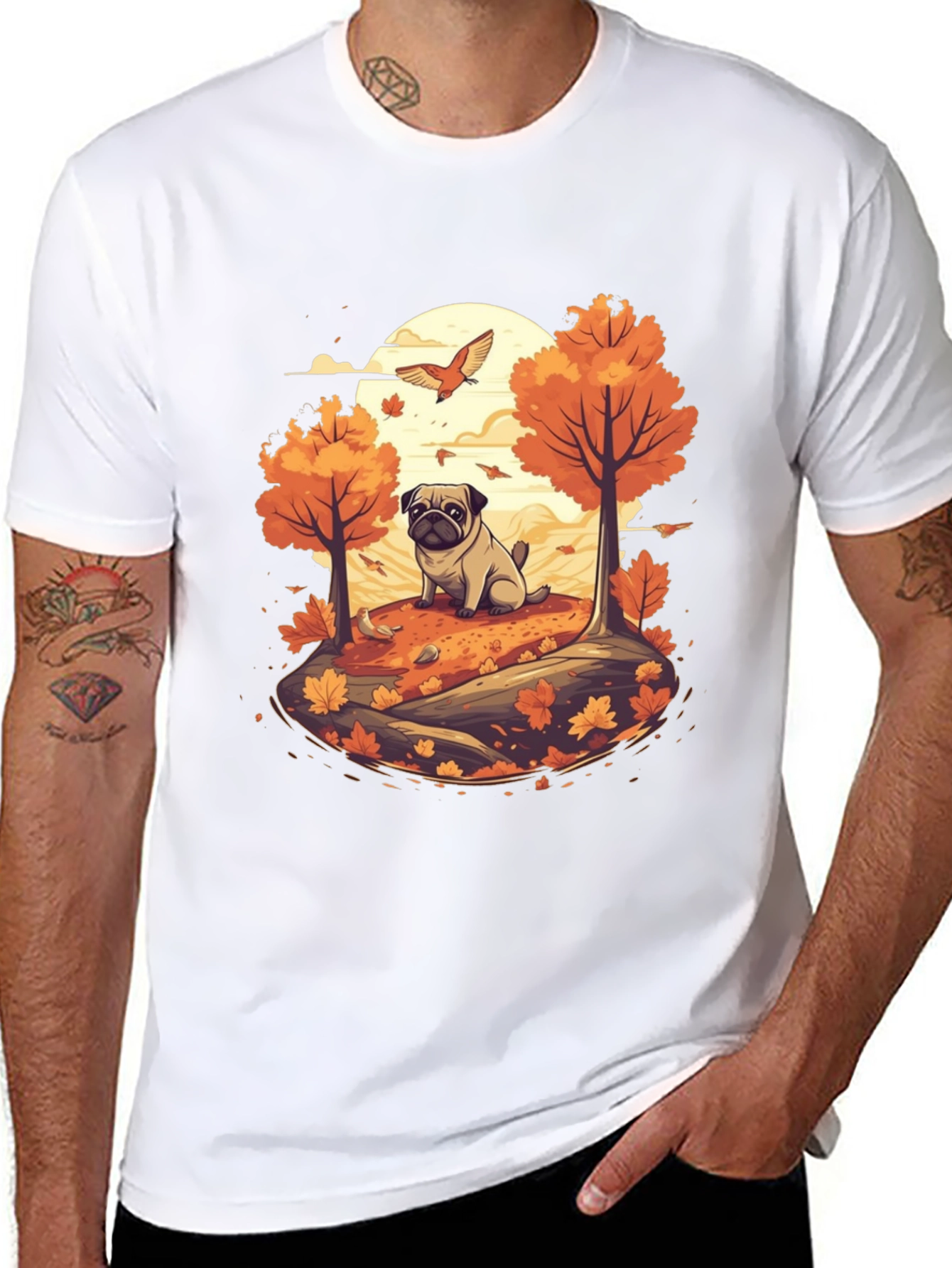 Pug in Autumn T-Shirt - Whimsical Fall Design