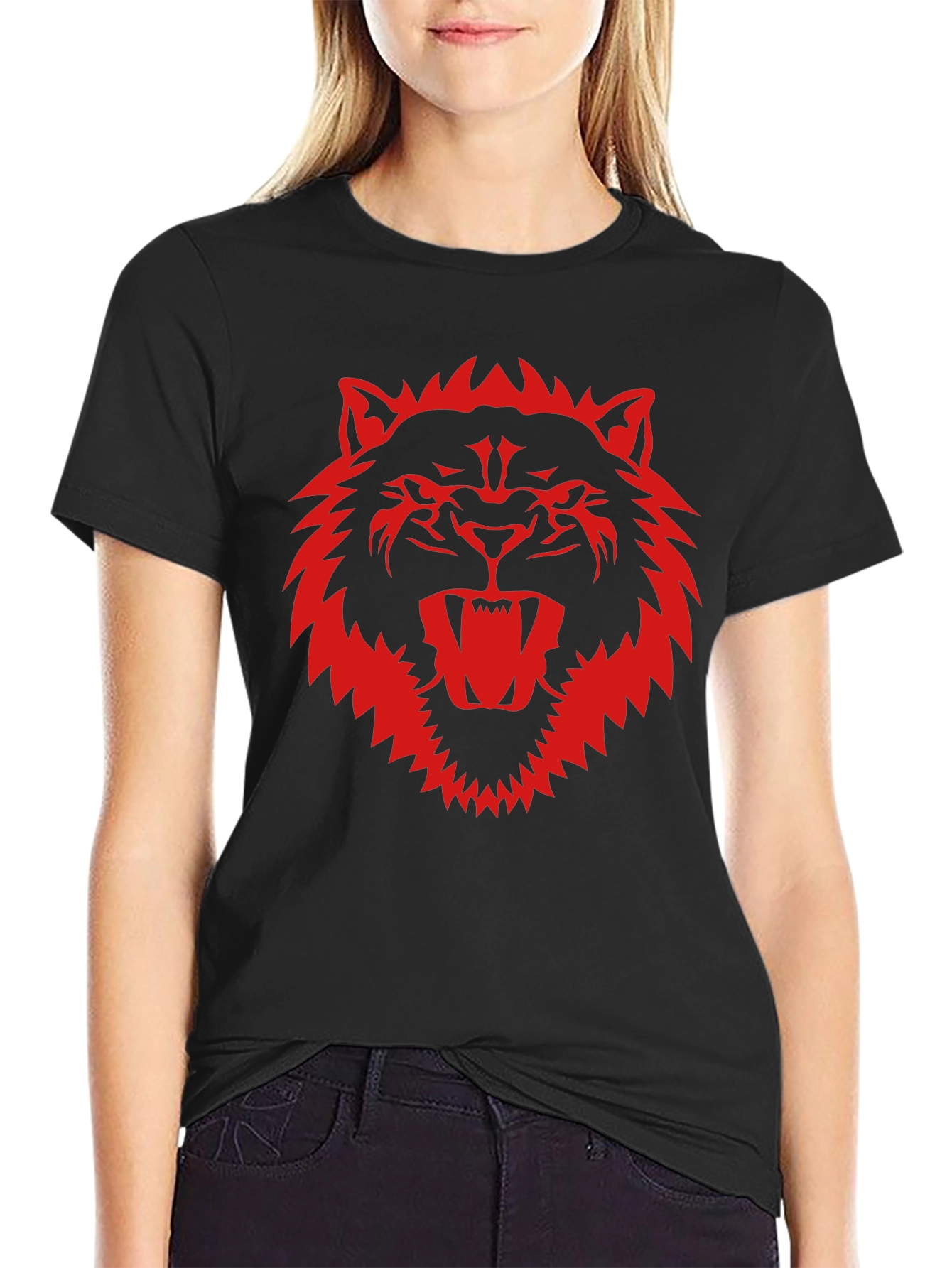 Black T-Shirt with Fierce Red Wolf Graphic