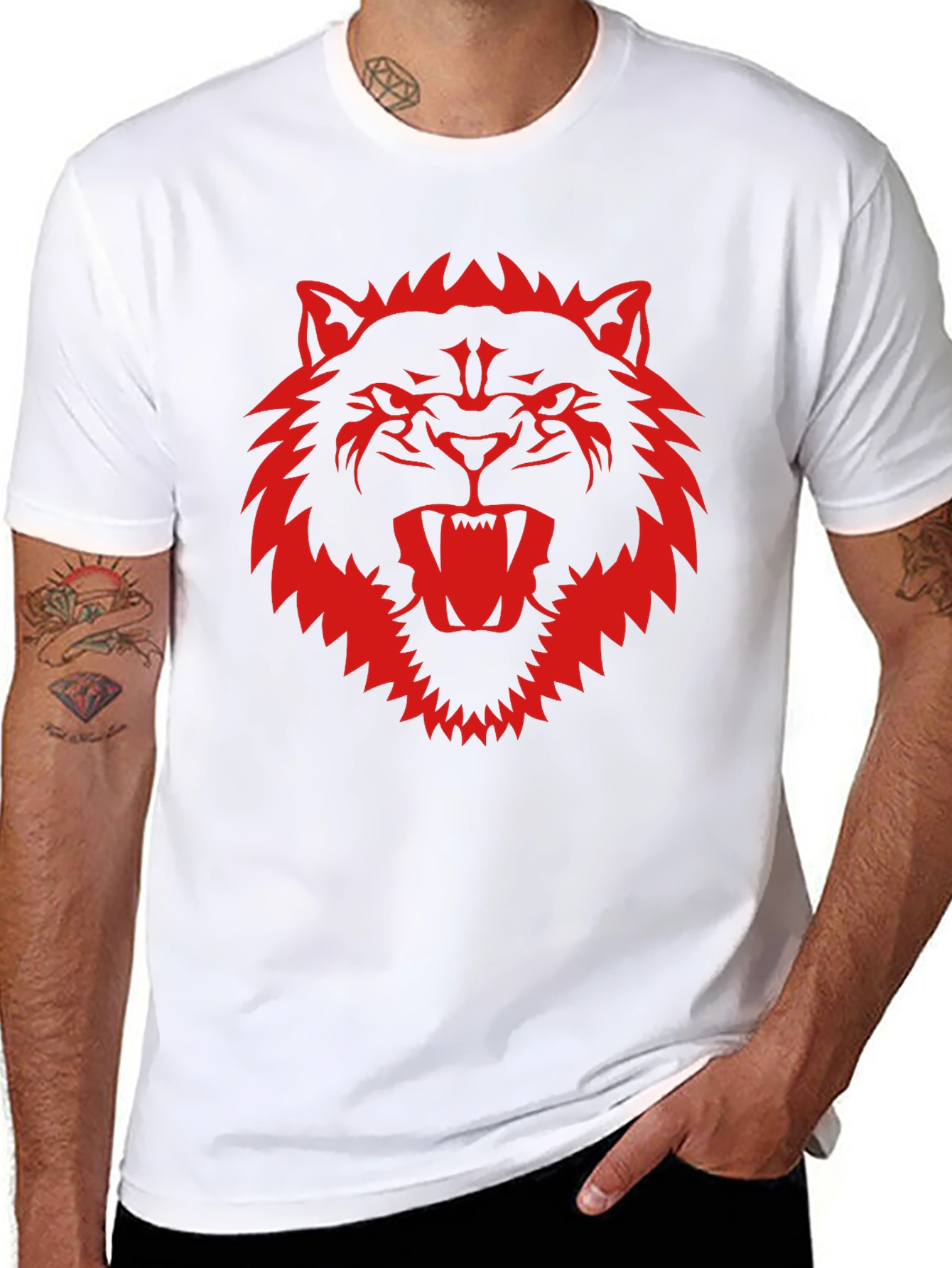 Black T-Shirt with Fierce Red Wolf Graphic