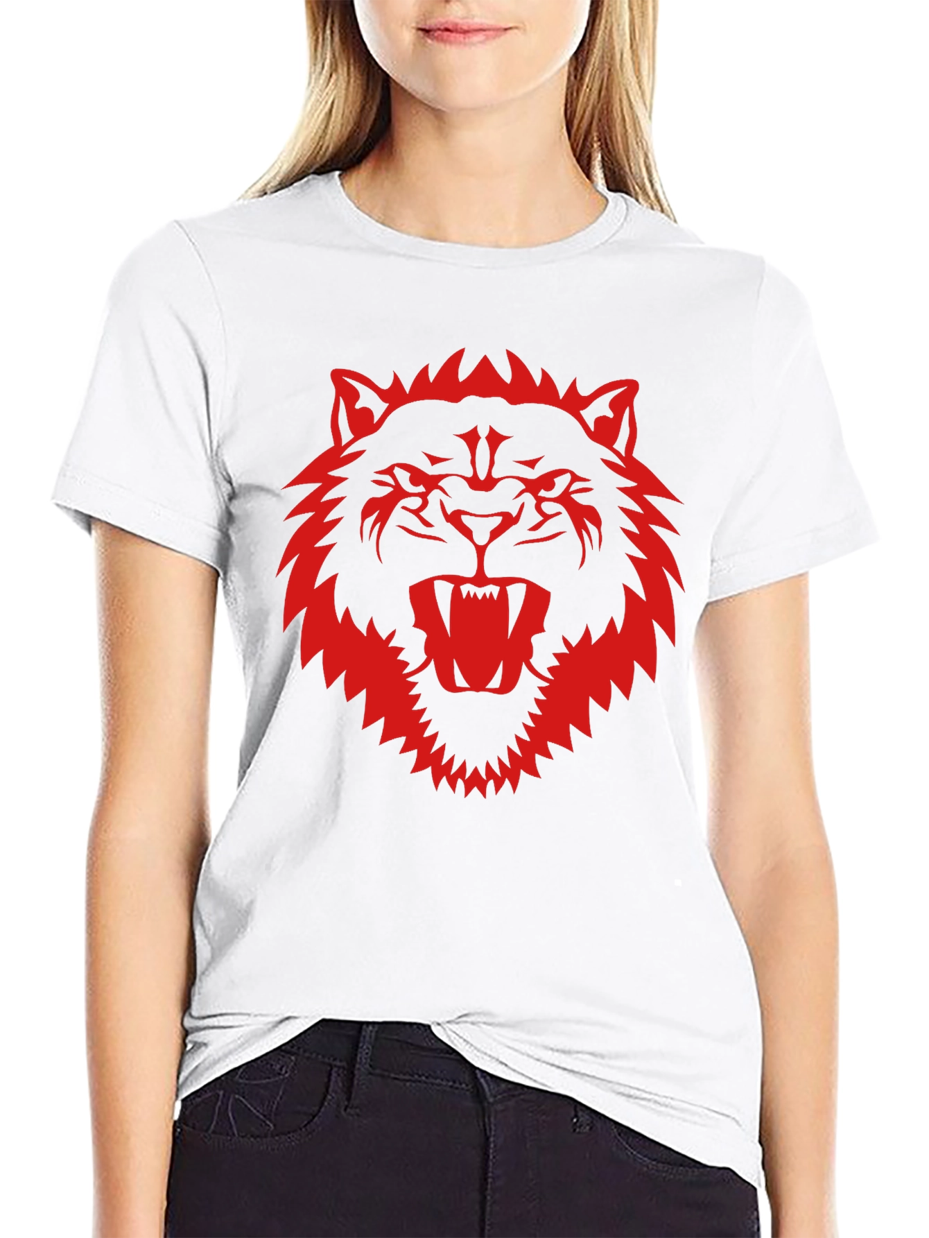 Black T-Shirt with Fierce Red Wolf Graphic