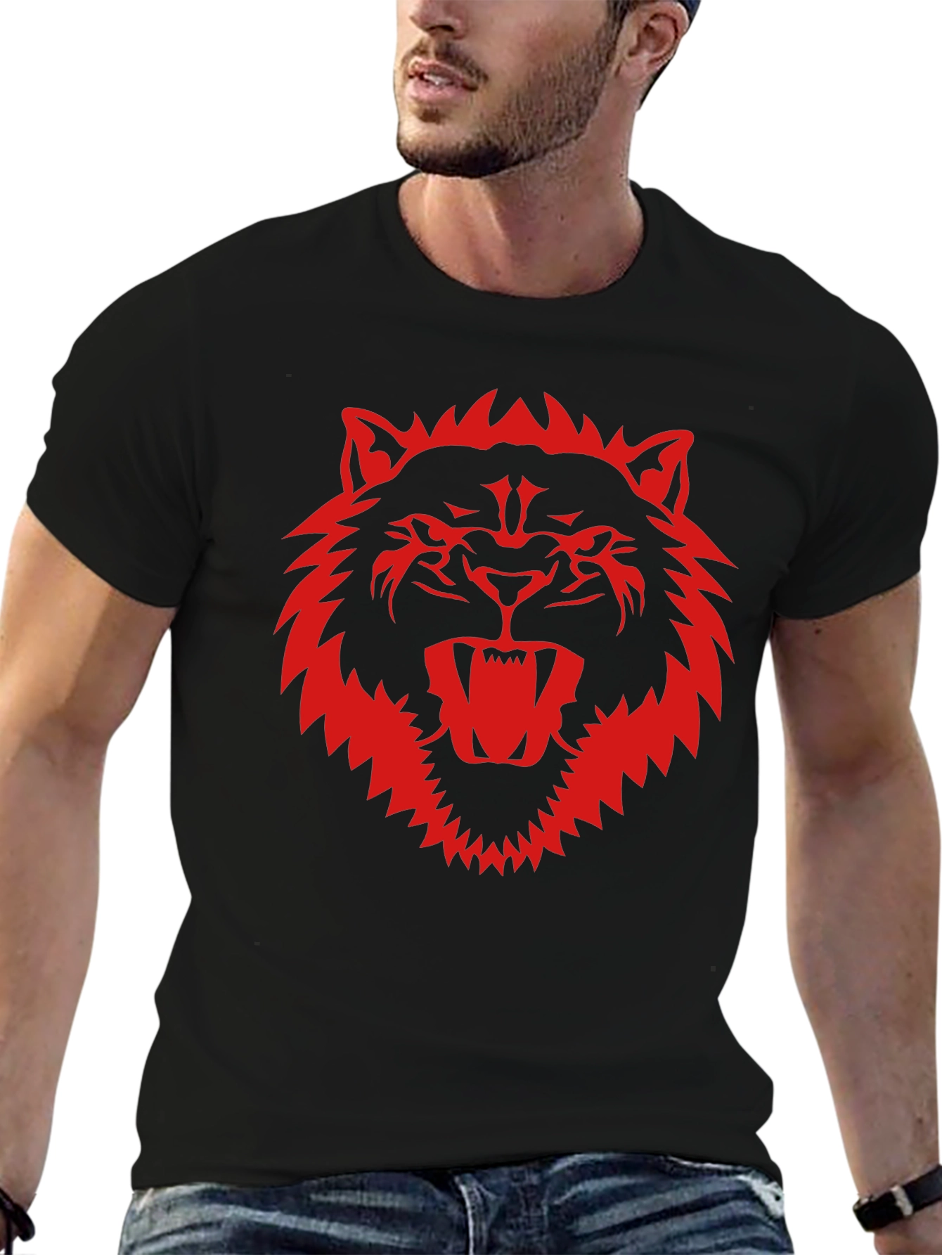 Black T-Shirt with Fierce Red Wolf Graphic