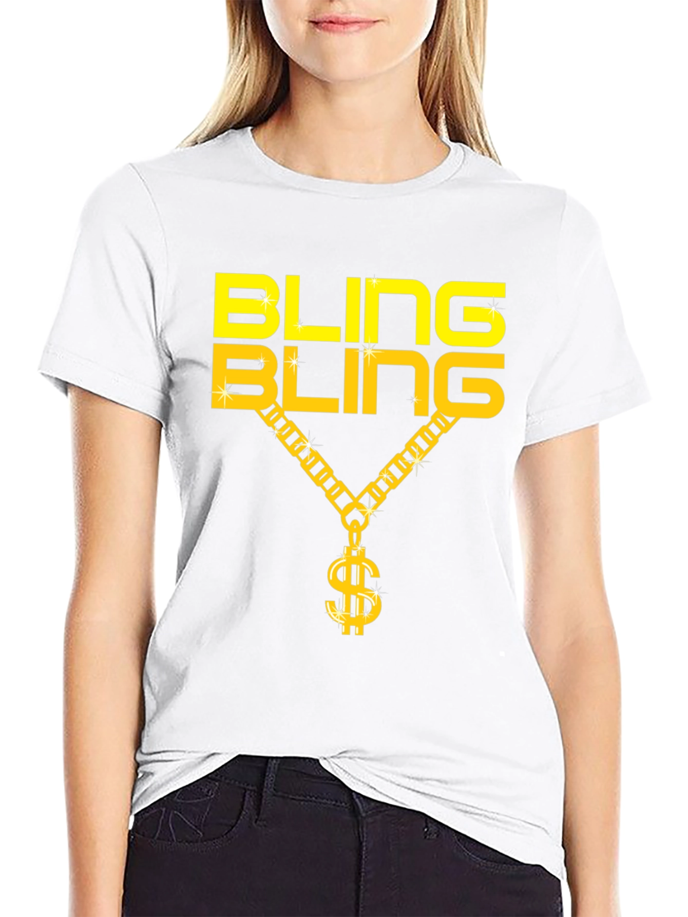 Bling Bling Gold Chain Dollar Sign Black T-Shirt
