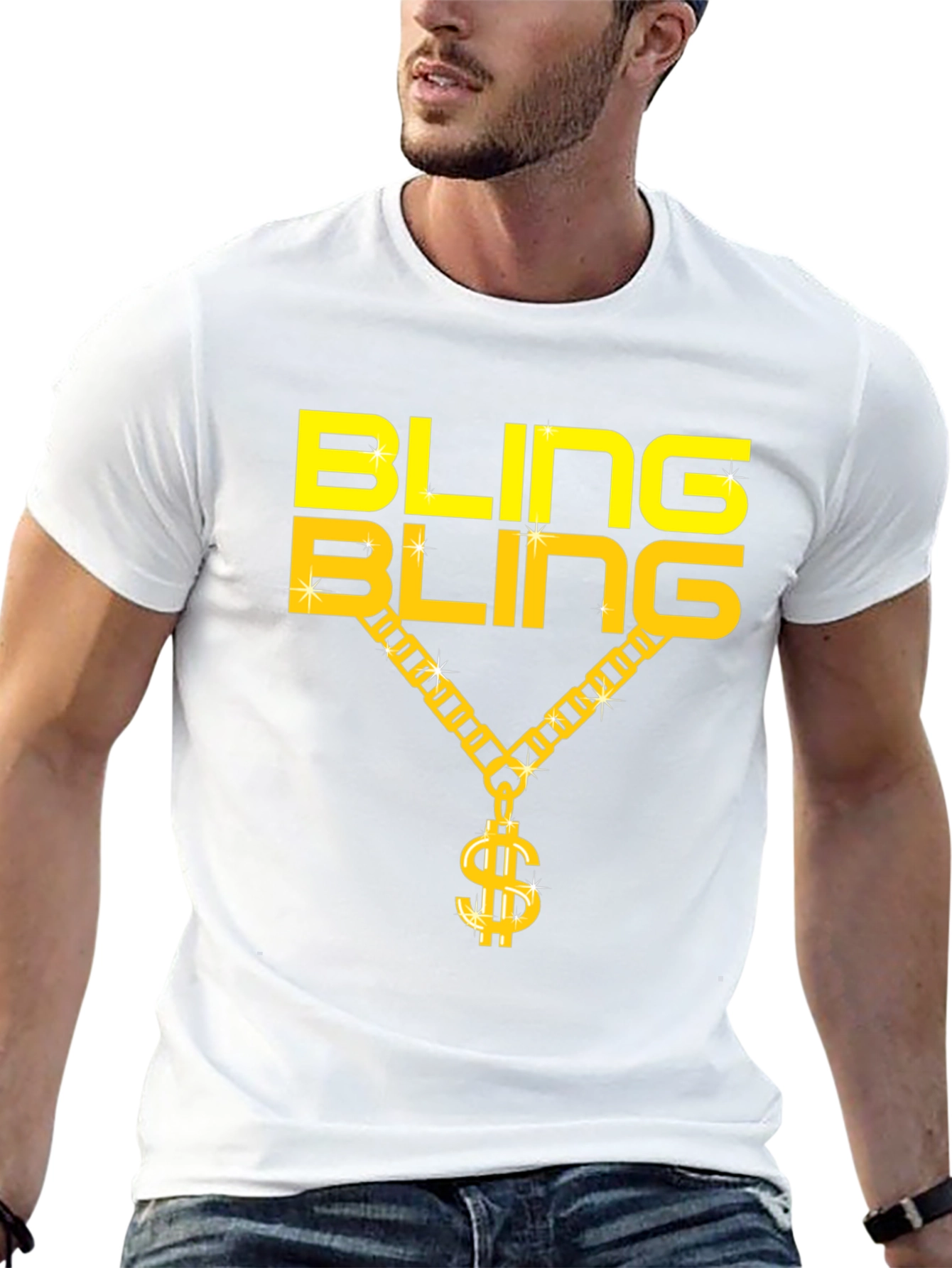 Bling Bling Gold Chain Dollar Sign Black T-Shirt