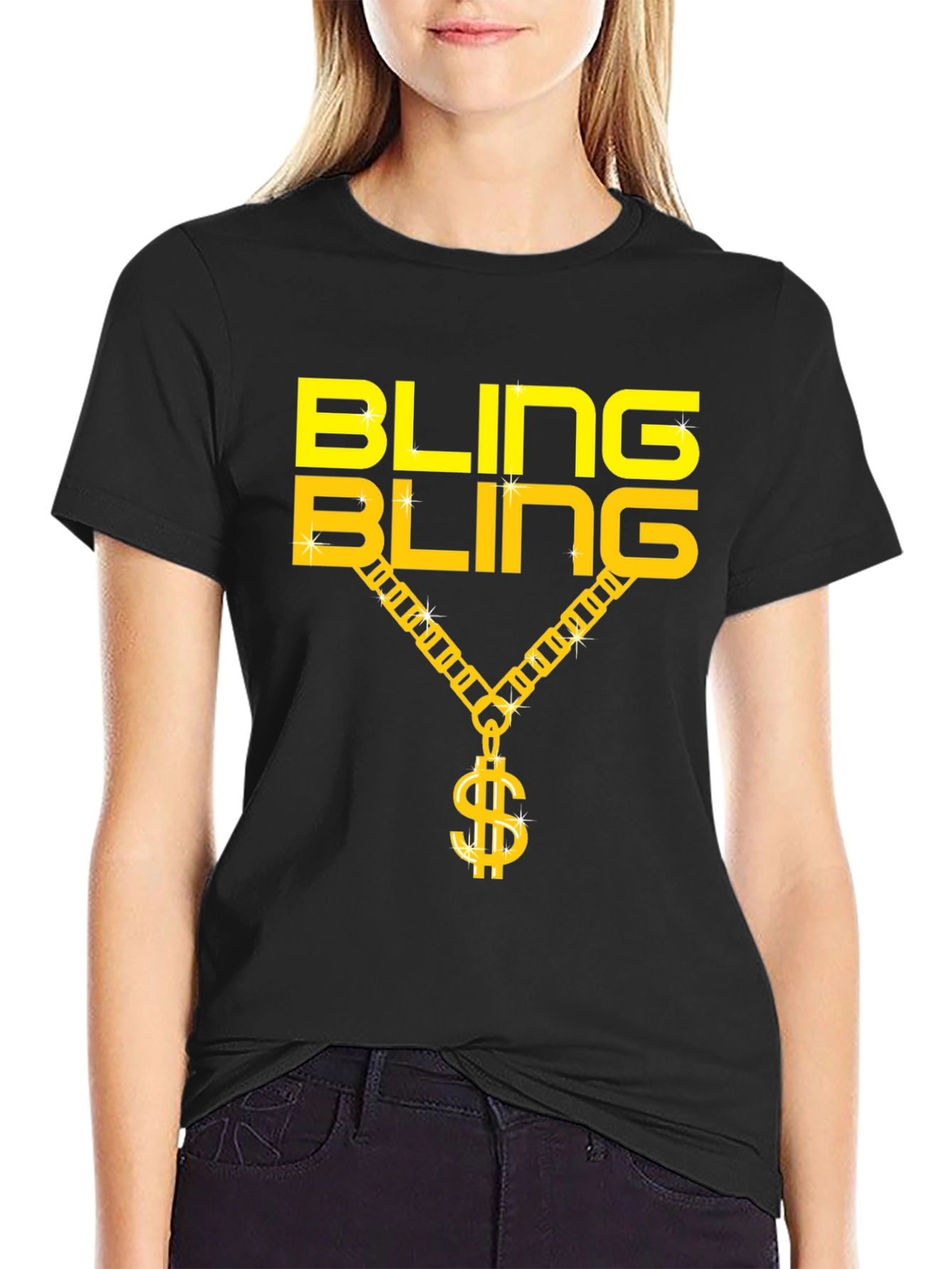Bling Bling Gold Chain Dollar Sign Black T-Shirt