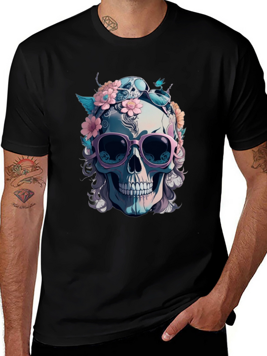 Skull & Flowers Graphic Tee - Mens Black Cotton T-Shirt
