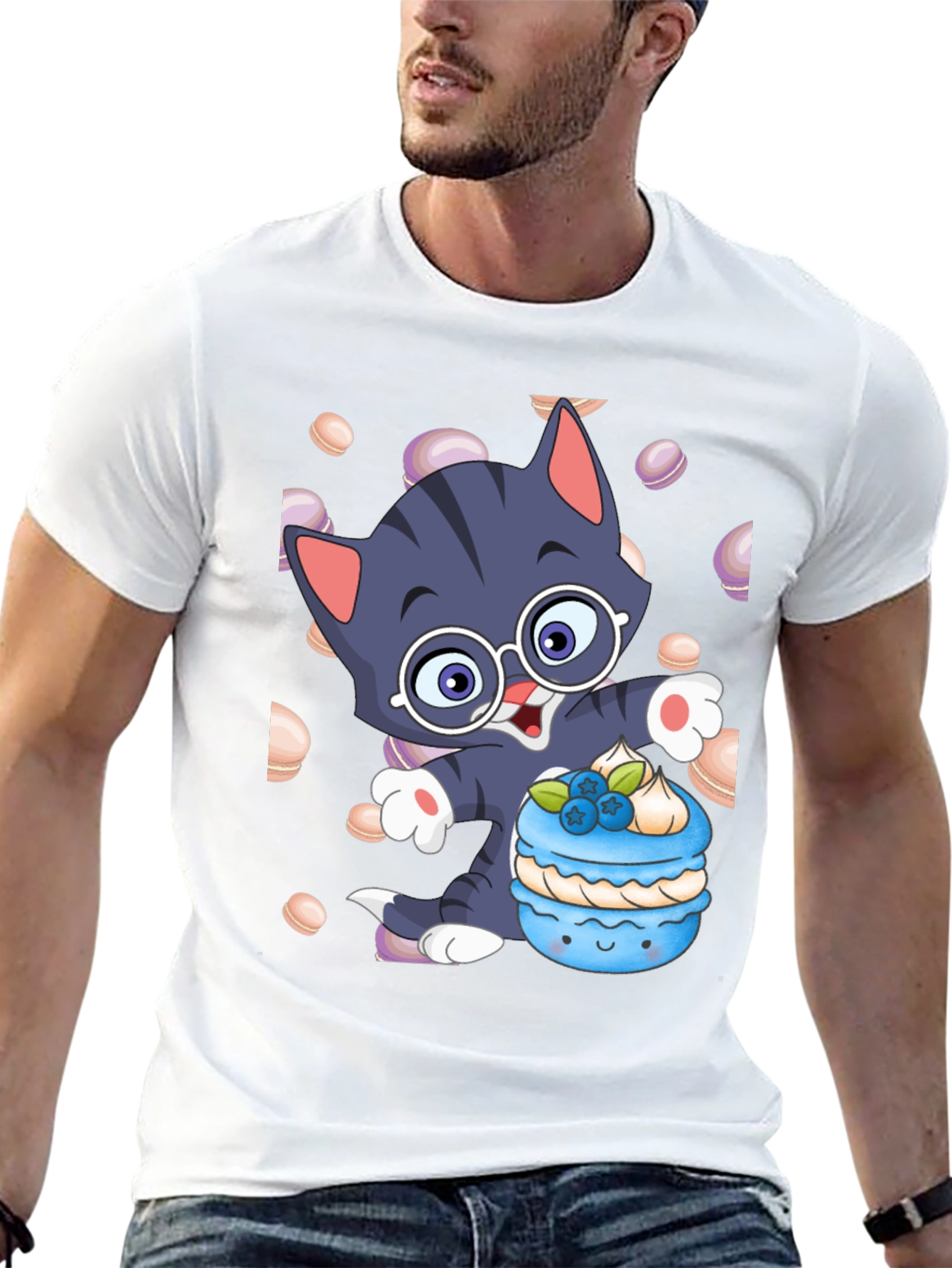 Cute Cartoon Cat with Macaron T-Shirt