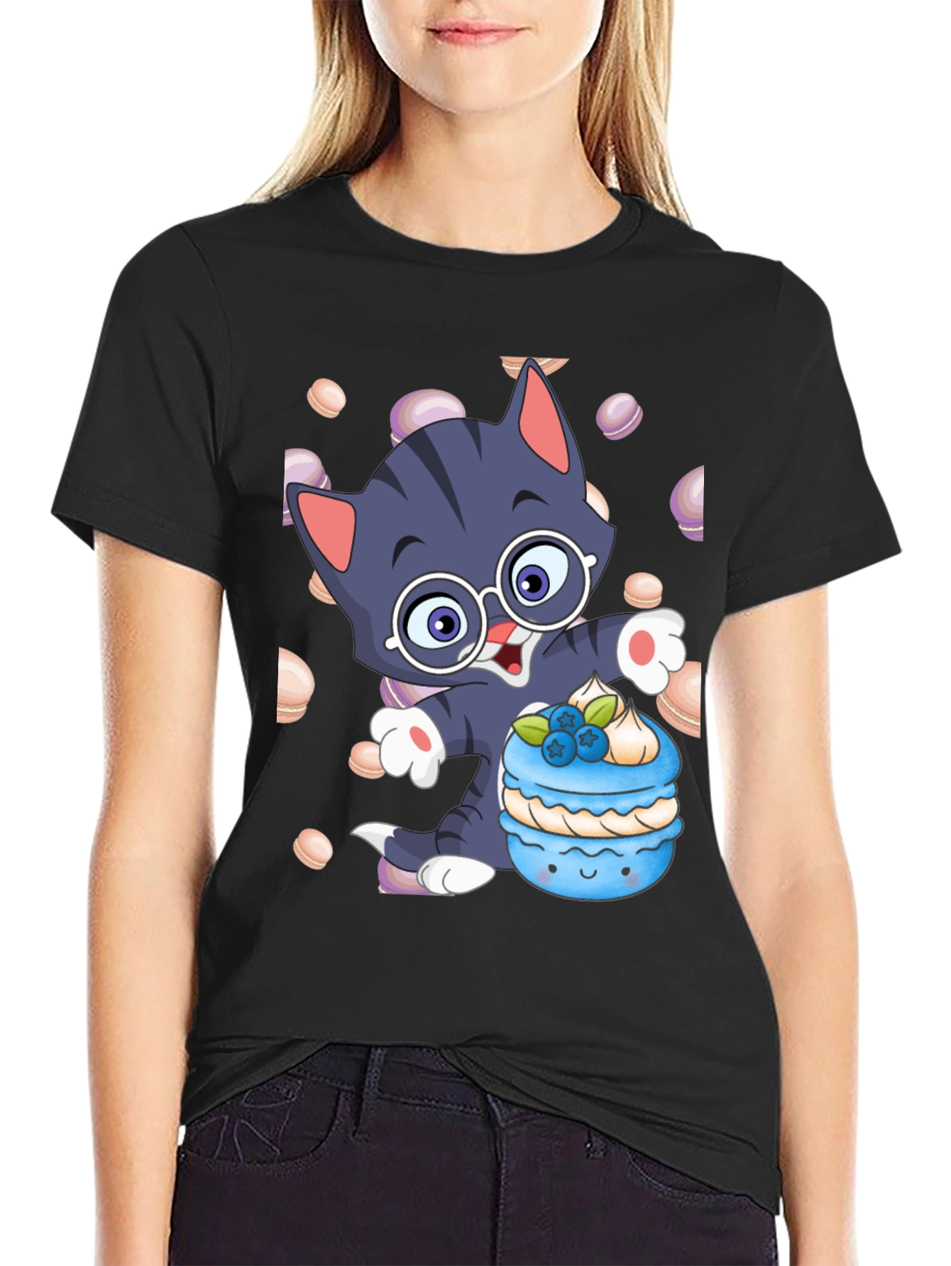 Cute Cartoon Cat with Macaron T-Shirt
