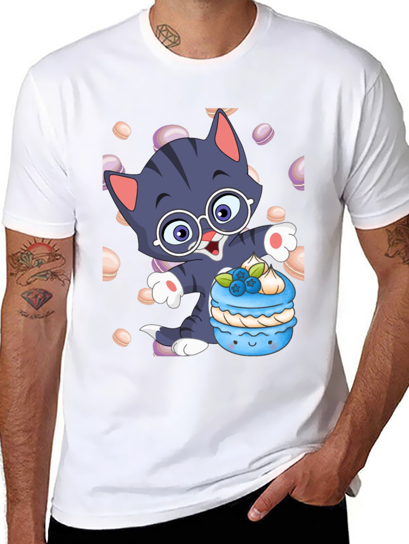 Cute Cartoon Cat with Macaron T-Shirt