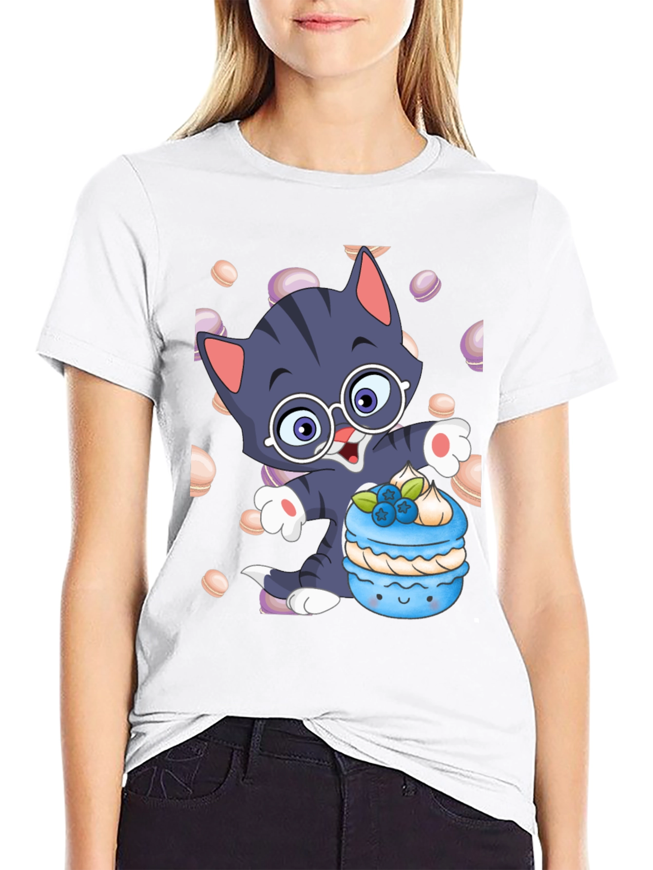 Cute Cartoon Cat with Macaron T-Shirt