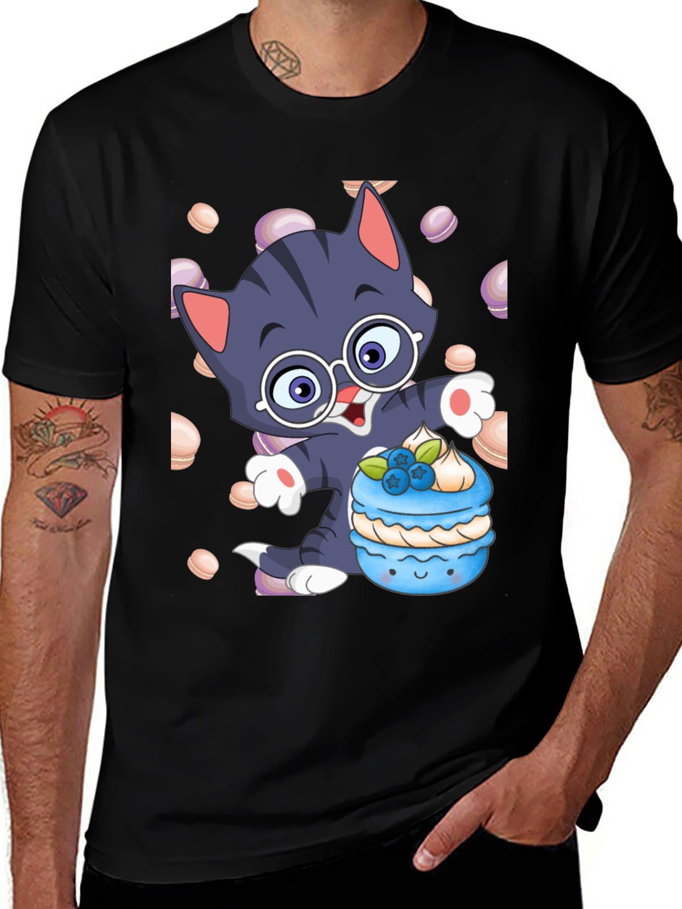 Cute Cartoon Cat with Macaron T-Shirt