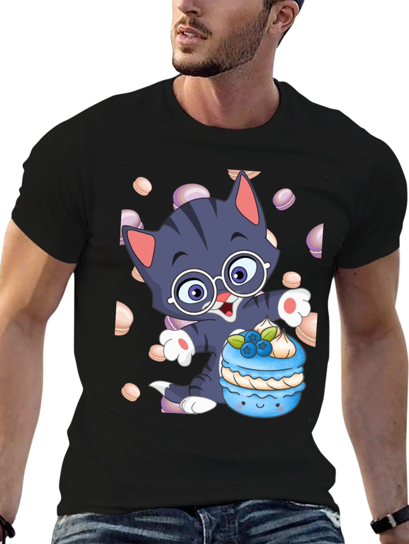 Cute Cartoon Cat with Macaron T-Shirt