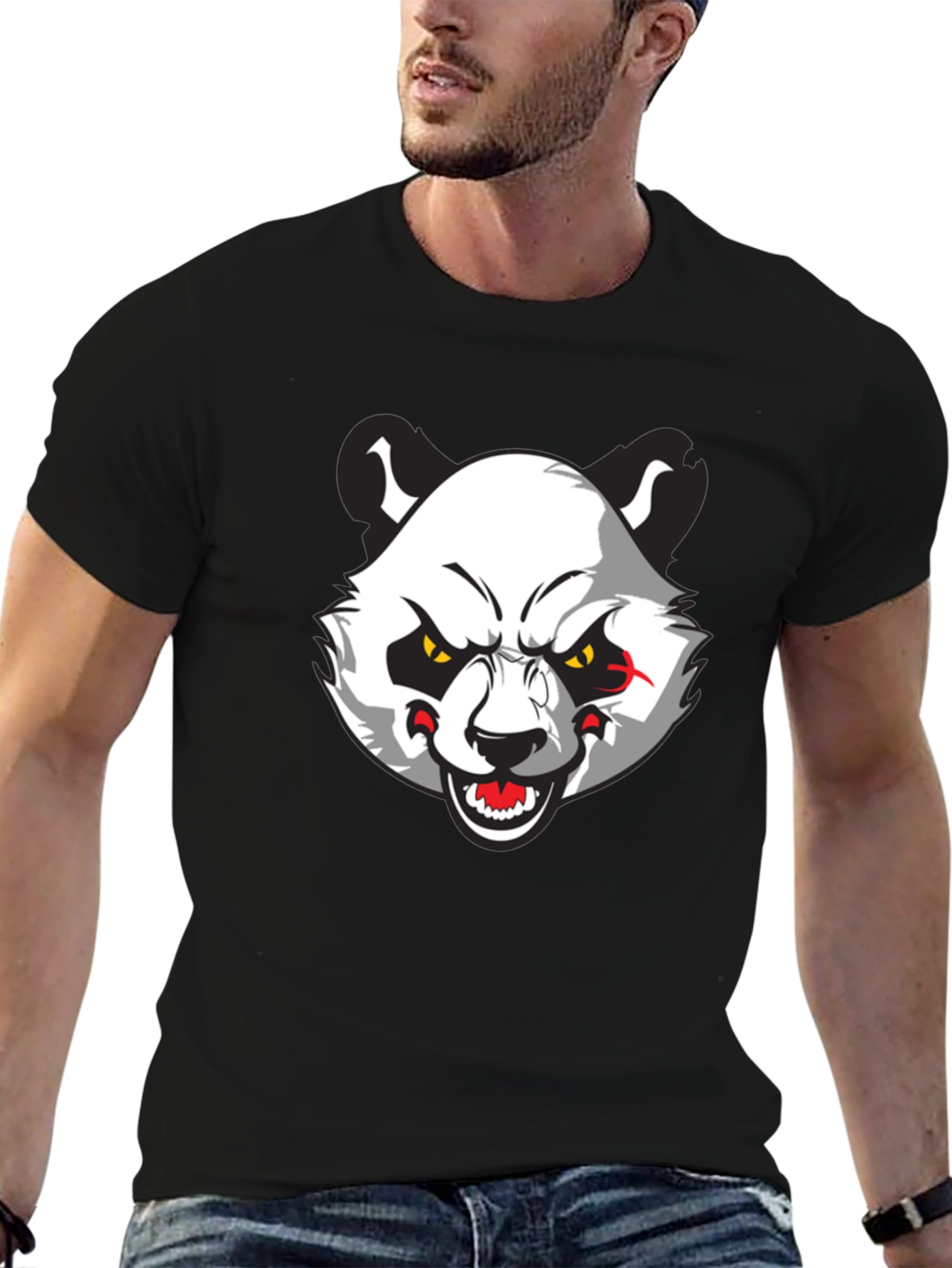 Mens Black T-Shirt with Angry Panda Graphic