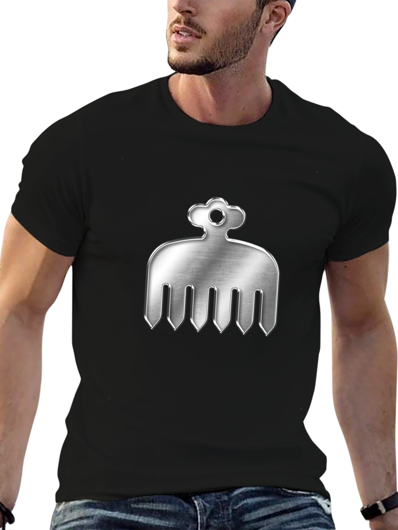 Mens Black T-Shirt with Silver Comb Design