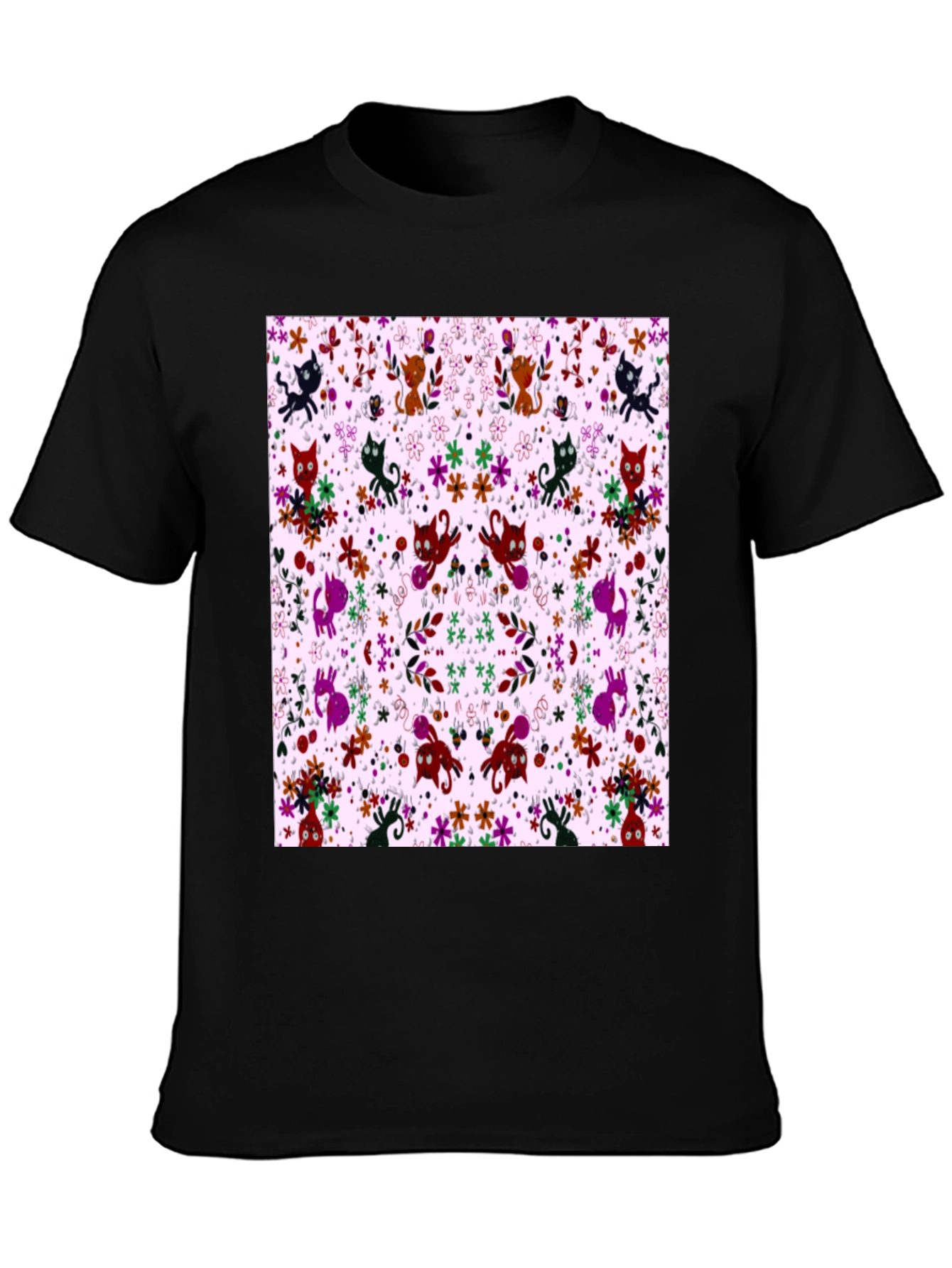 Floral Cat Pattern Black T-Shirt