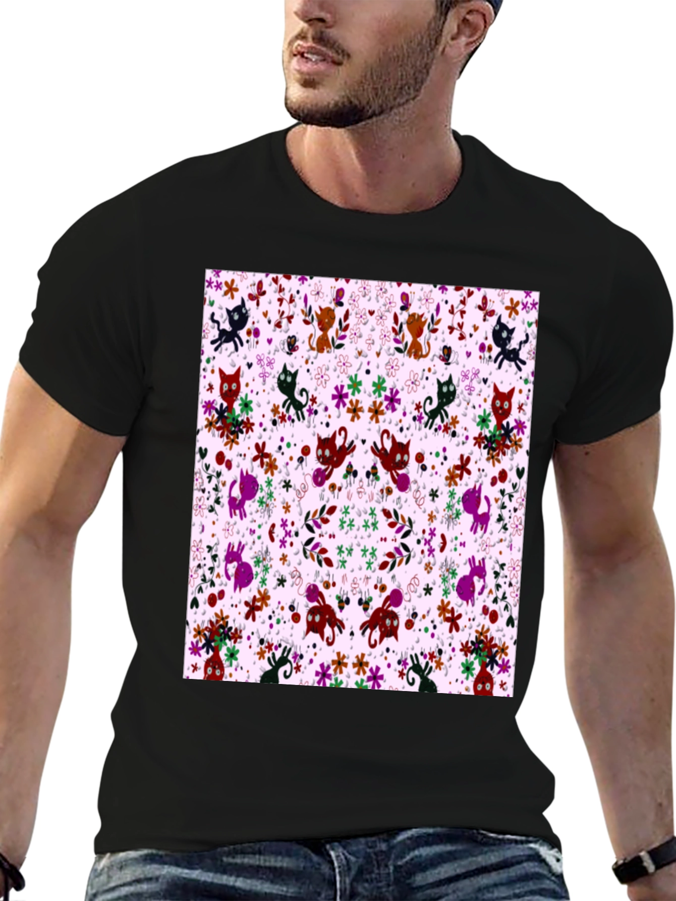 Floral Cat Pattern Black T-Shirt
