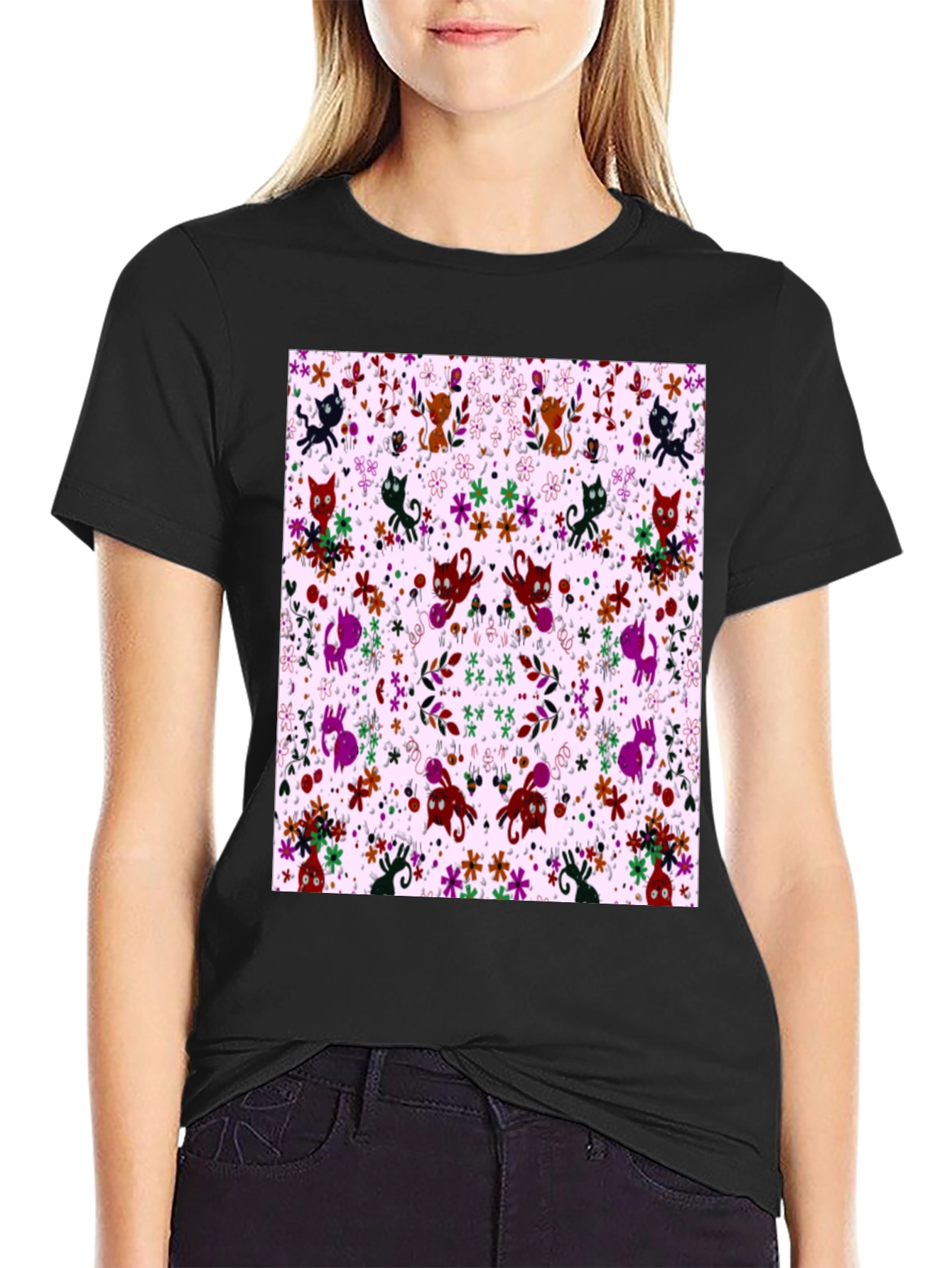 Floral Cat Pattern Black T-Shirt