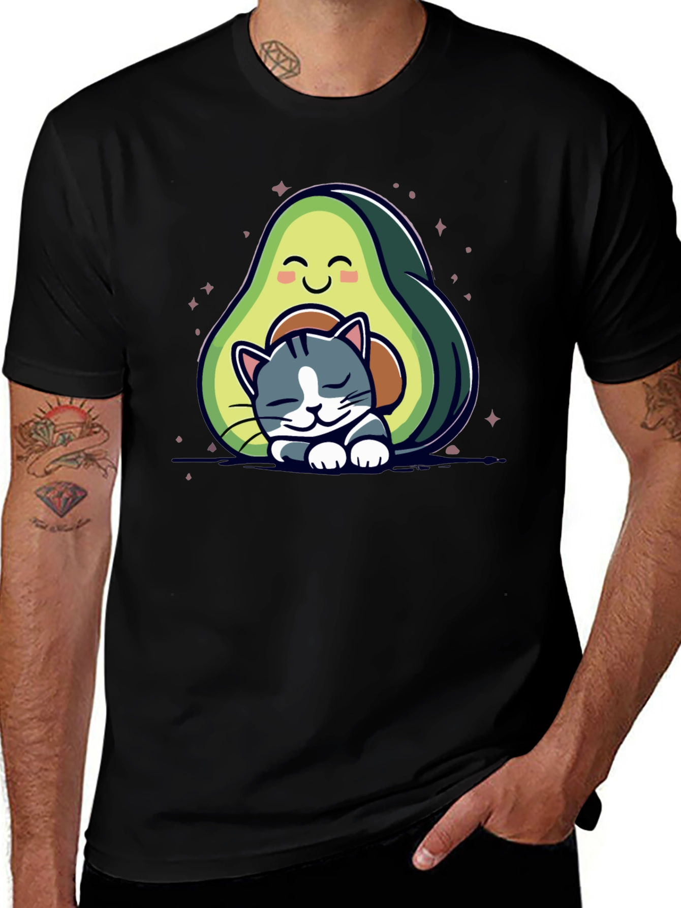 Cute Avocado Cat Nap Black T-Shirt