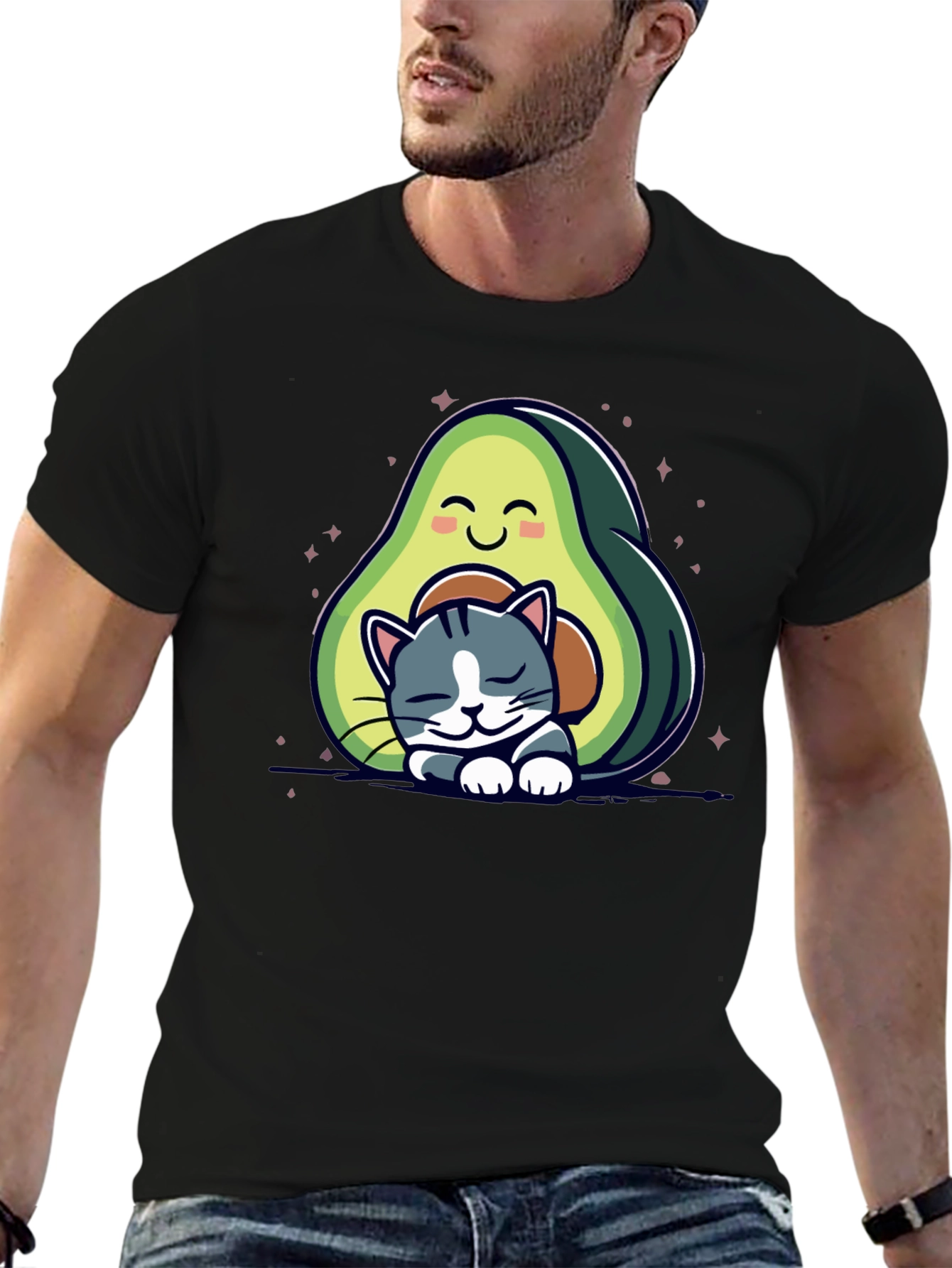 Cute Avocado Cat Nap Black T-Shirt