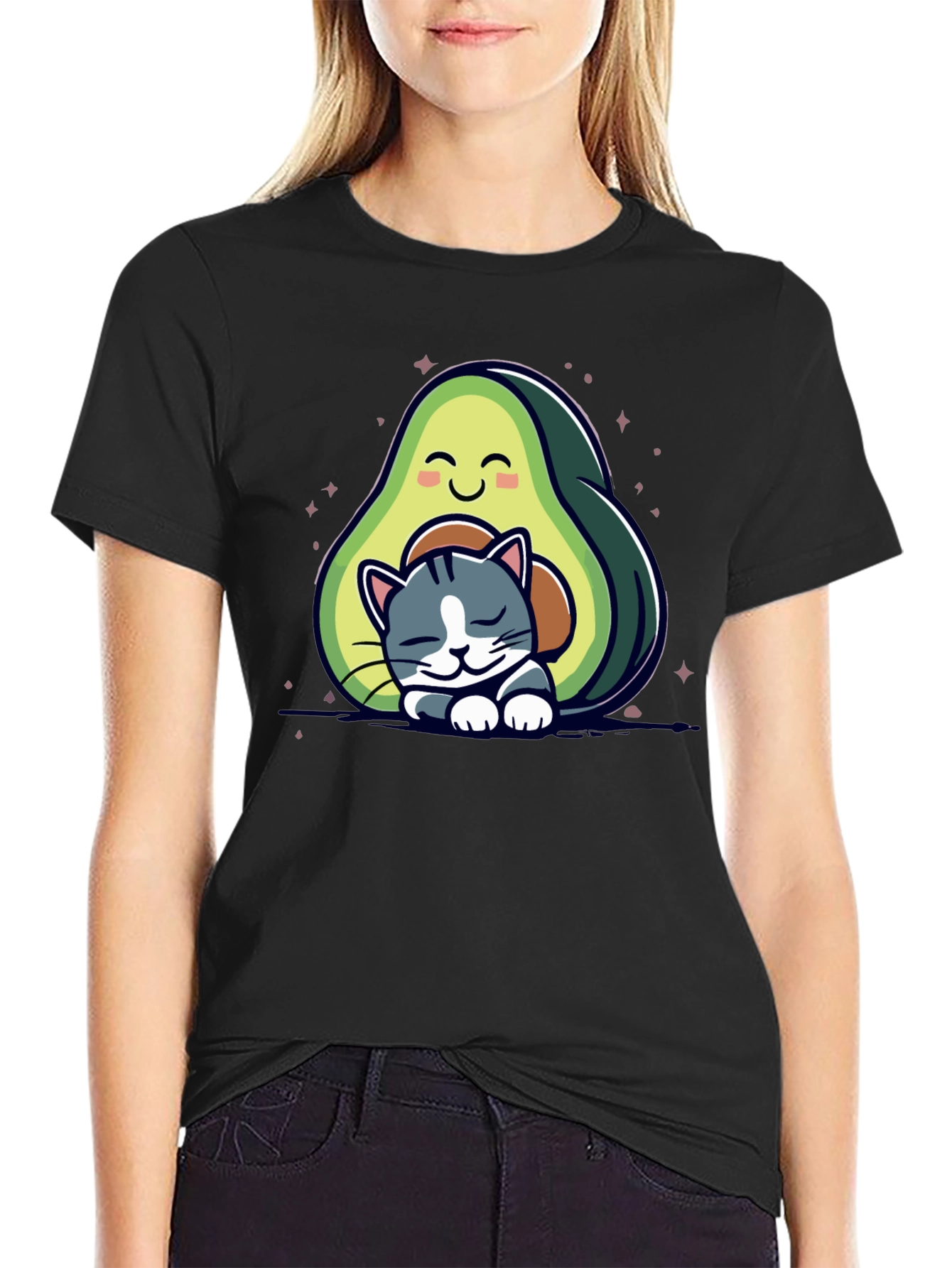 Cute Avocado Cat Nap Black T-Shirt