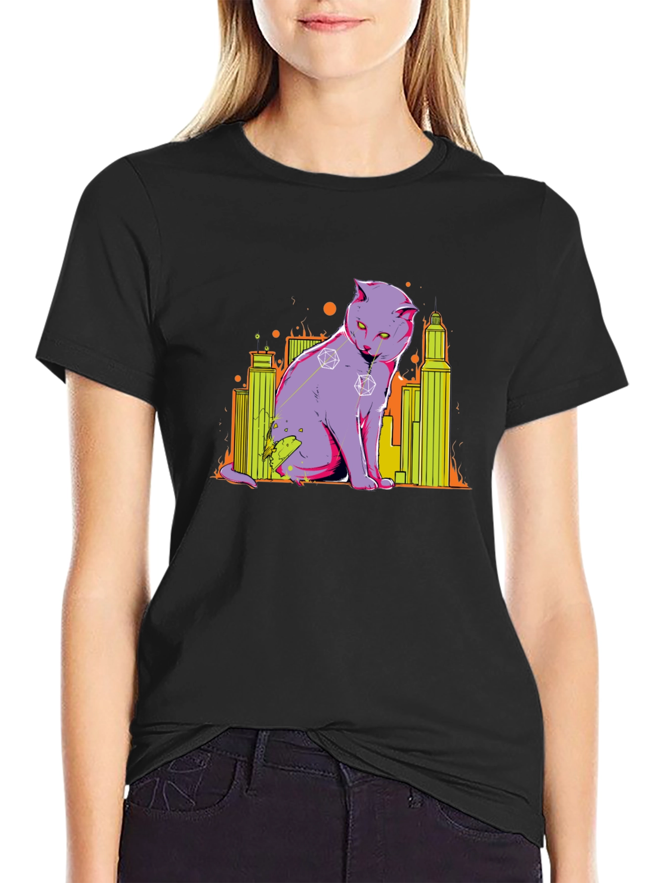 D&D Dice Cat Cityscape Graphic T-Shirt