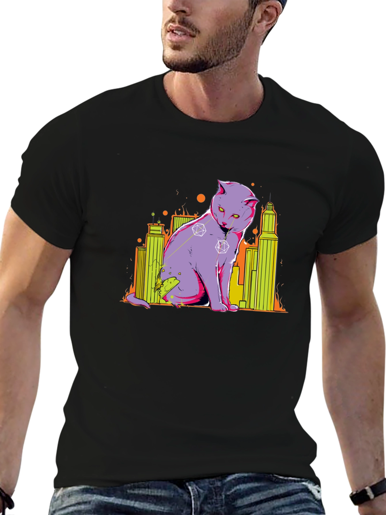 D&D Dice Cat Cityscape Graphic T-Shirt