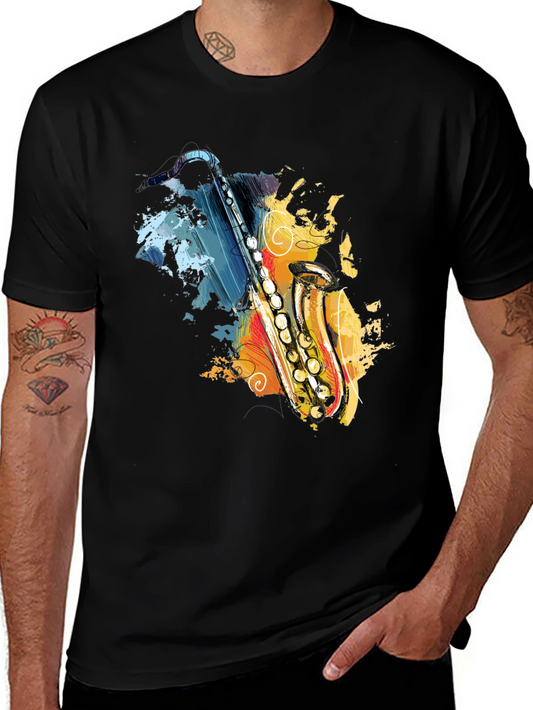 Saxophone Art Graphic T-Shirt - Black Cotton Tee