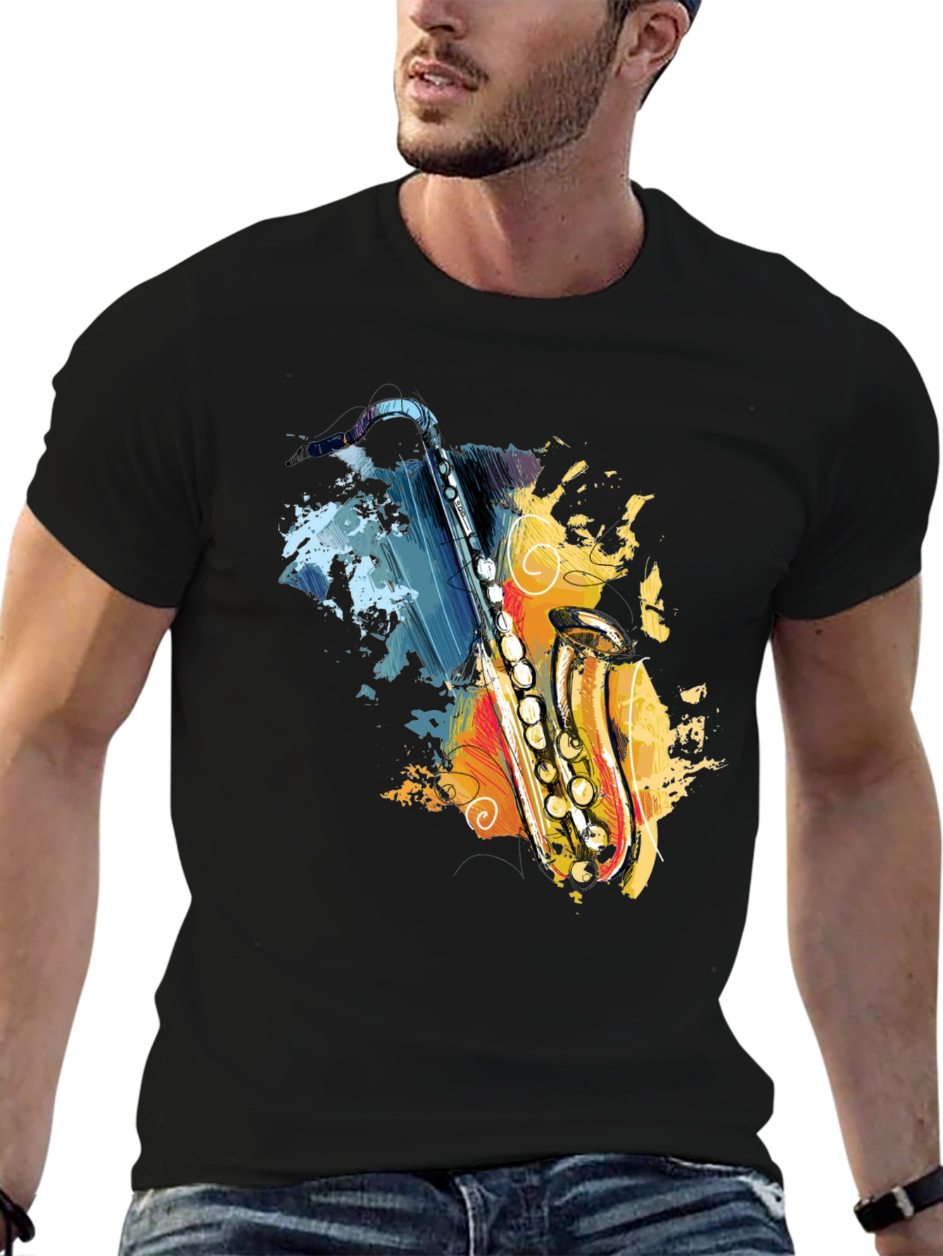 Saxophone Art Graphic T-Shirt - Black Cotton Tee