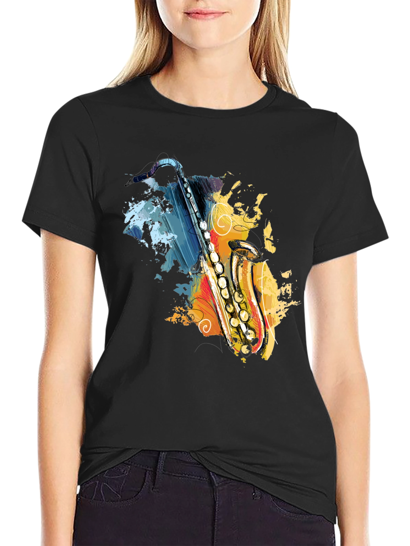 Saxophone Art Graphic T-Shirt - Black Cotton Tee
