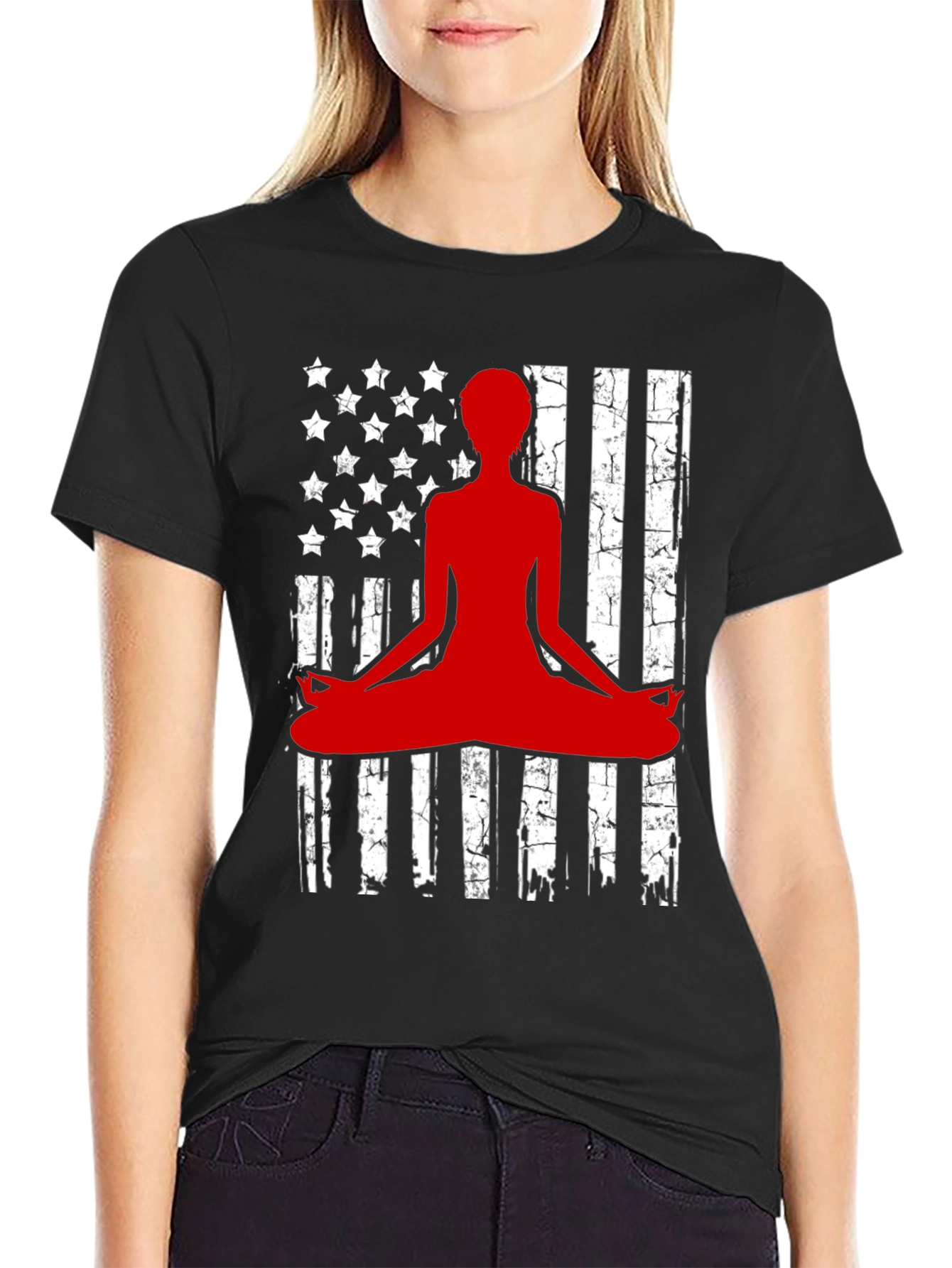 Yoga Meditation American Flag Graphic T-Shirt