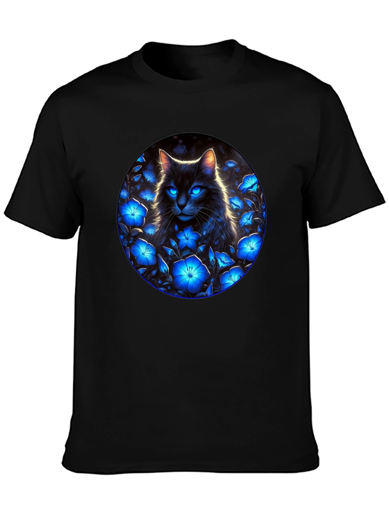 Black Cat in Blue Flowers Graphic Tee