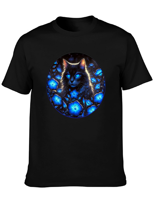 Black Cat in Blue Flowers Graphic Tee