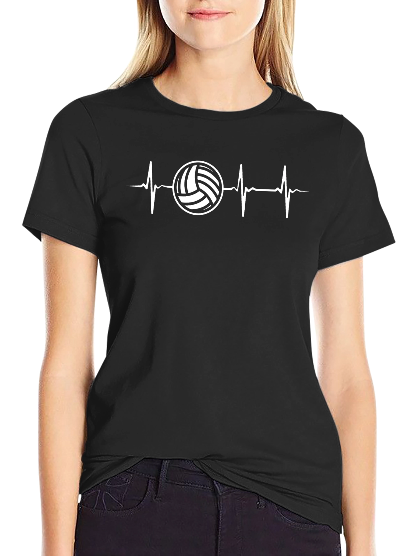Volleyball Heartbeat Graphic Tee - Black Cotton T-Shirt
