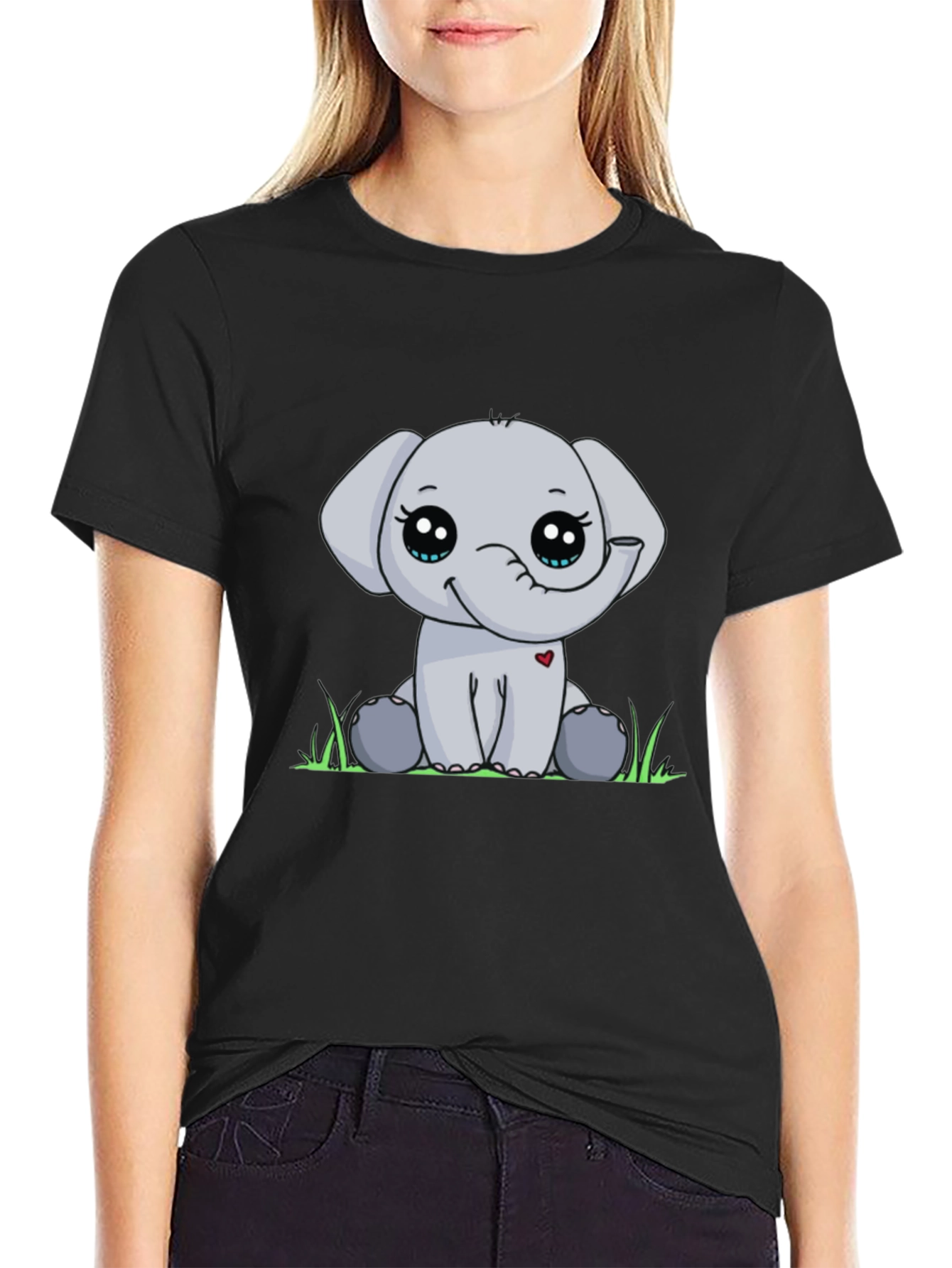 Cute Elephant Graphic Tee - Black Cotton Blend