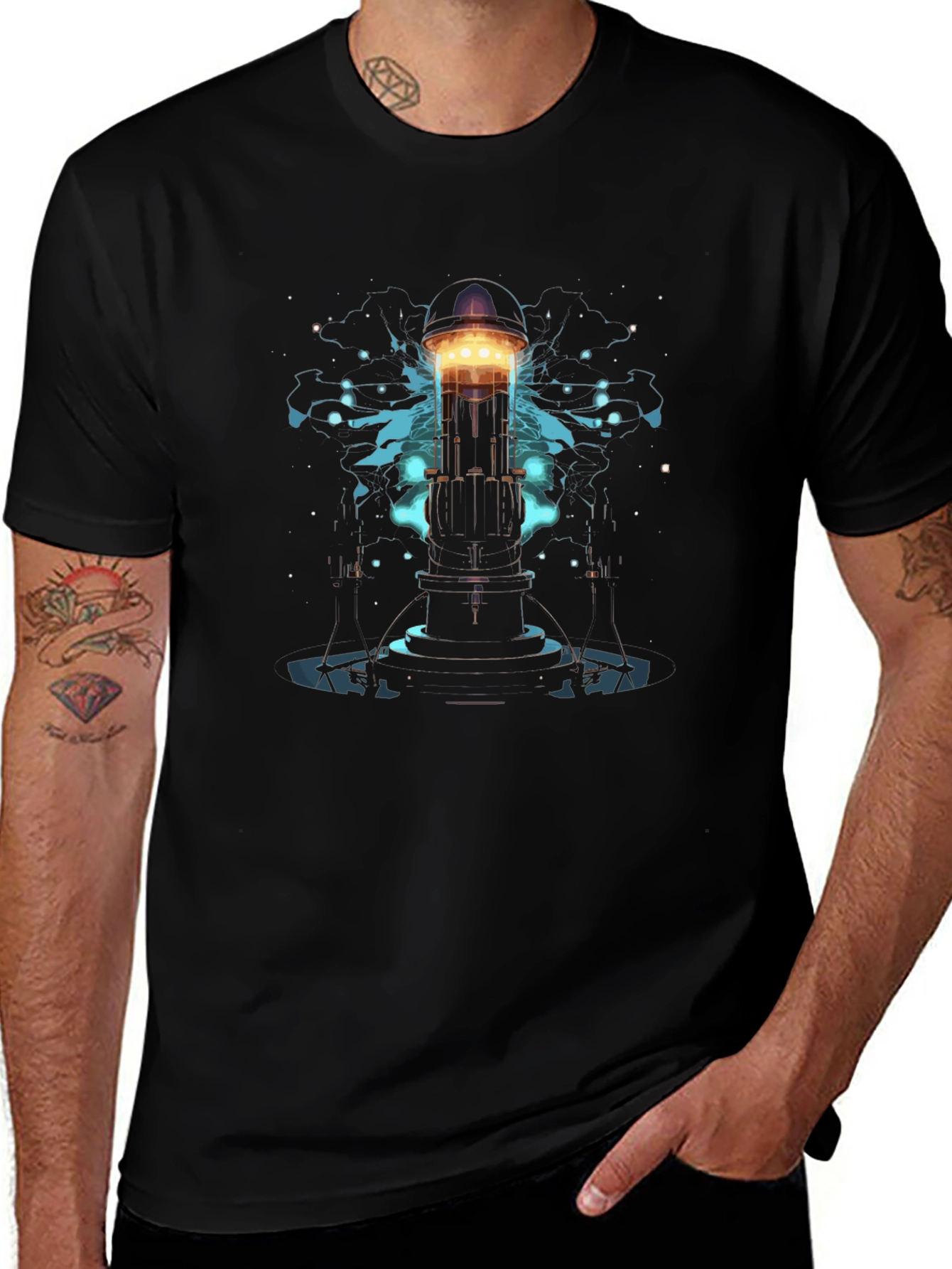 Mens Black T-Shirt with Sci-Fi Tower Graphic
