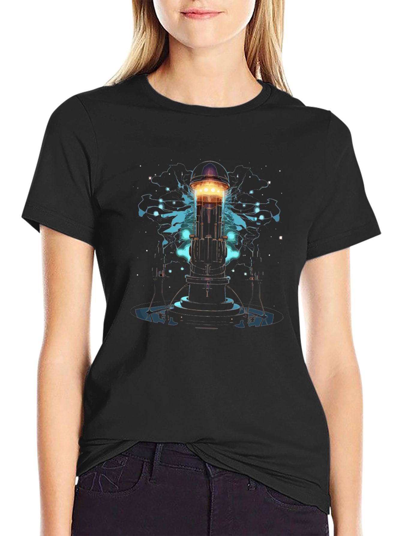 Mens Black T-Shirt with Sci-Fi Tower Graphic