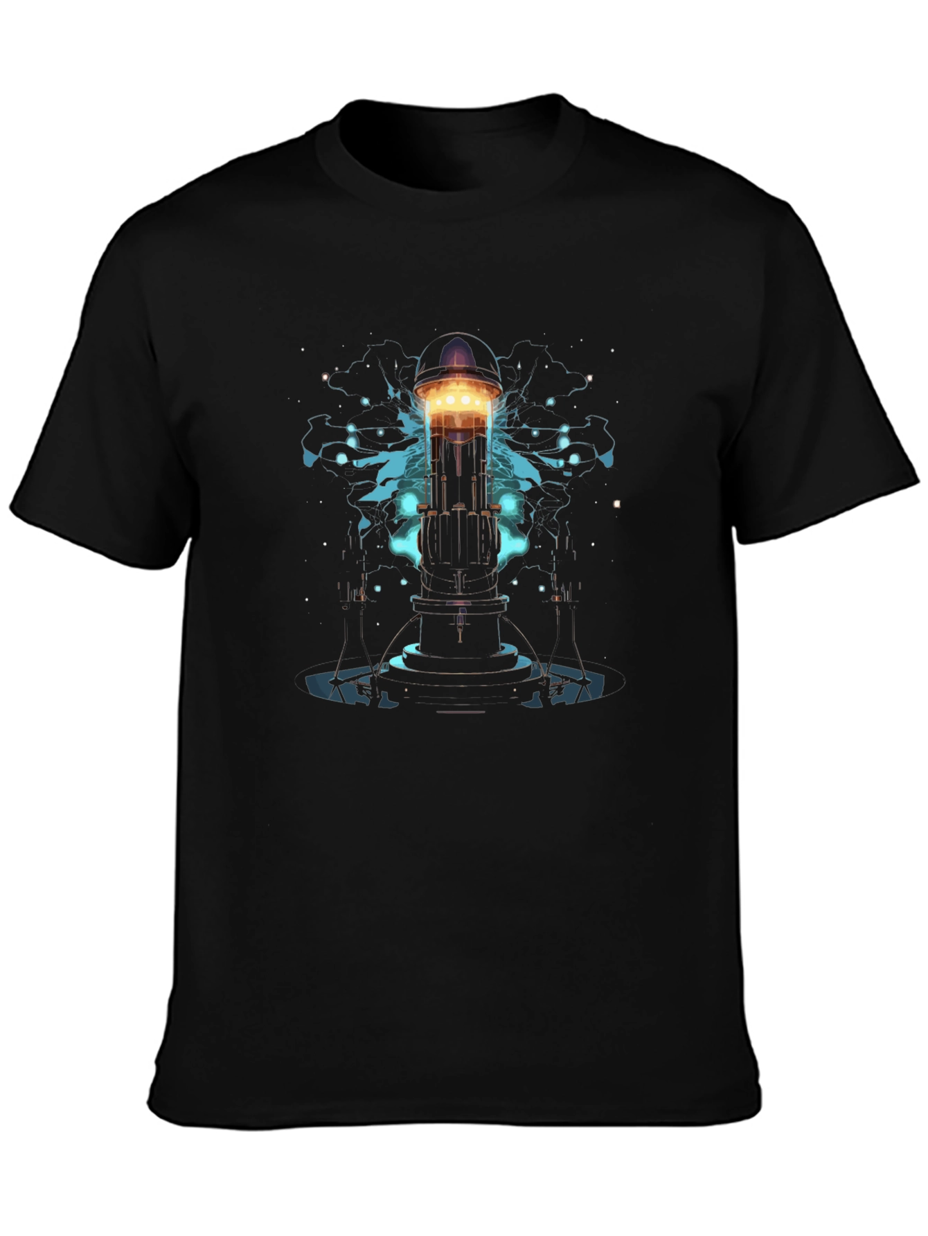 Mens Black T-Shirt with Sci-Fi Tower Graphic