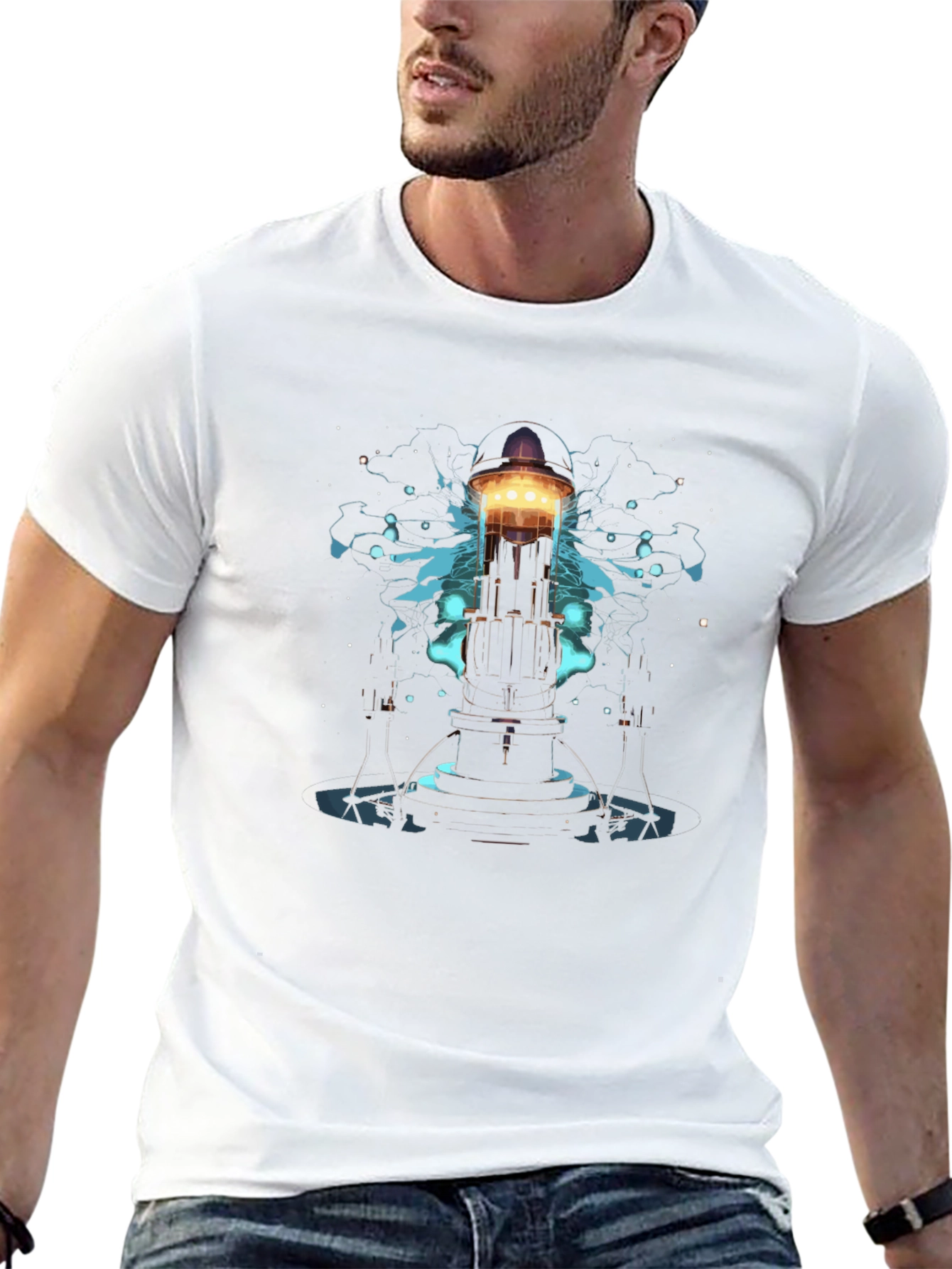 Mens Black T-Shirt with Sci-Fi Tower Graphic