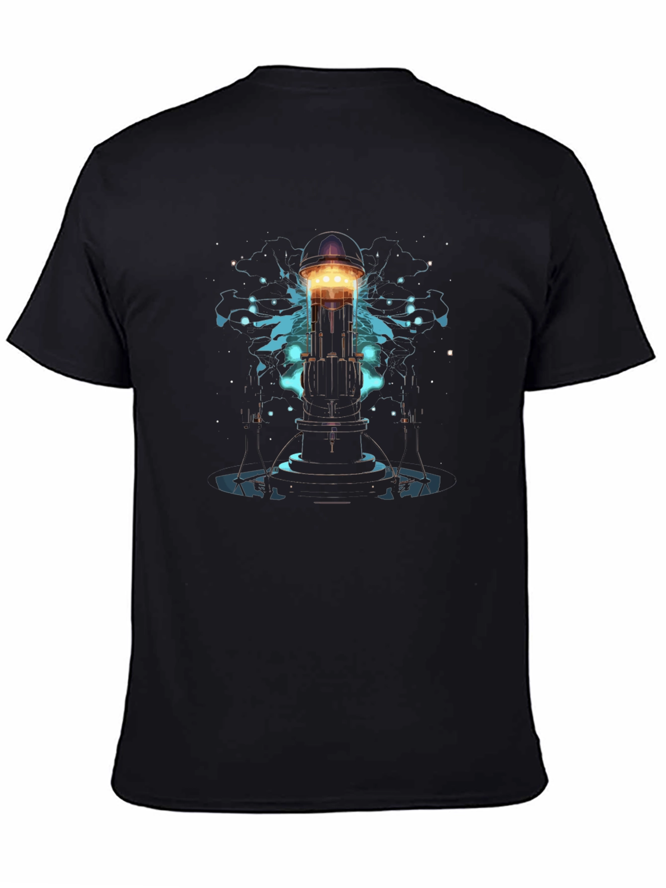 Mens Black T-Shirt with Sci-Fi Tower Graphic