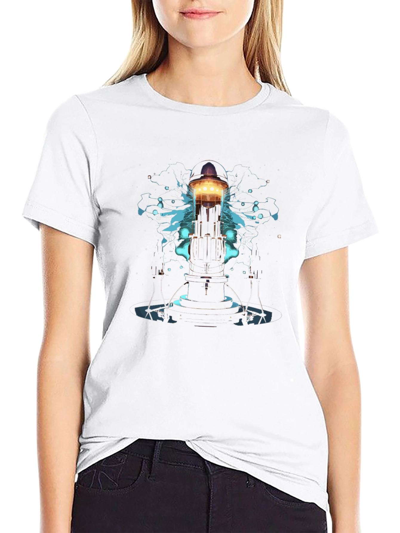 Mens Black T-Shirt with Sci-Fi Tower Graphic