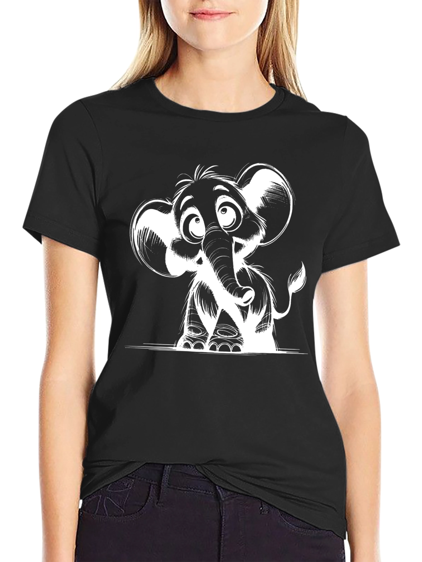 Cartoon Elephant Graphic Print Black T-Shirt