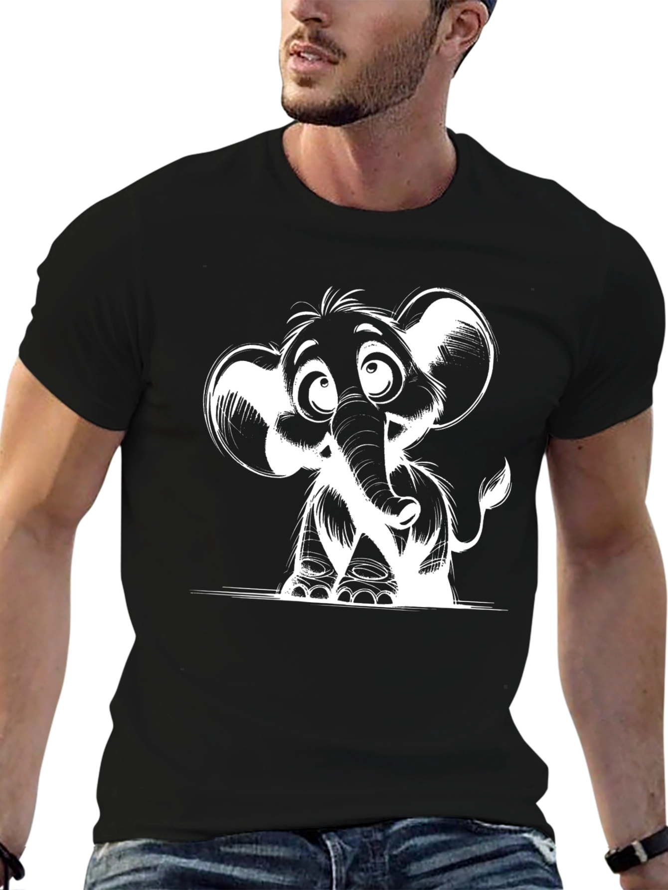 Cartoon Elephant Graphic Print Black T-Shirt