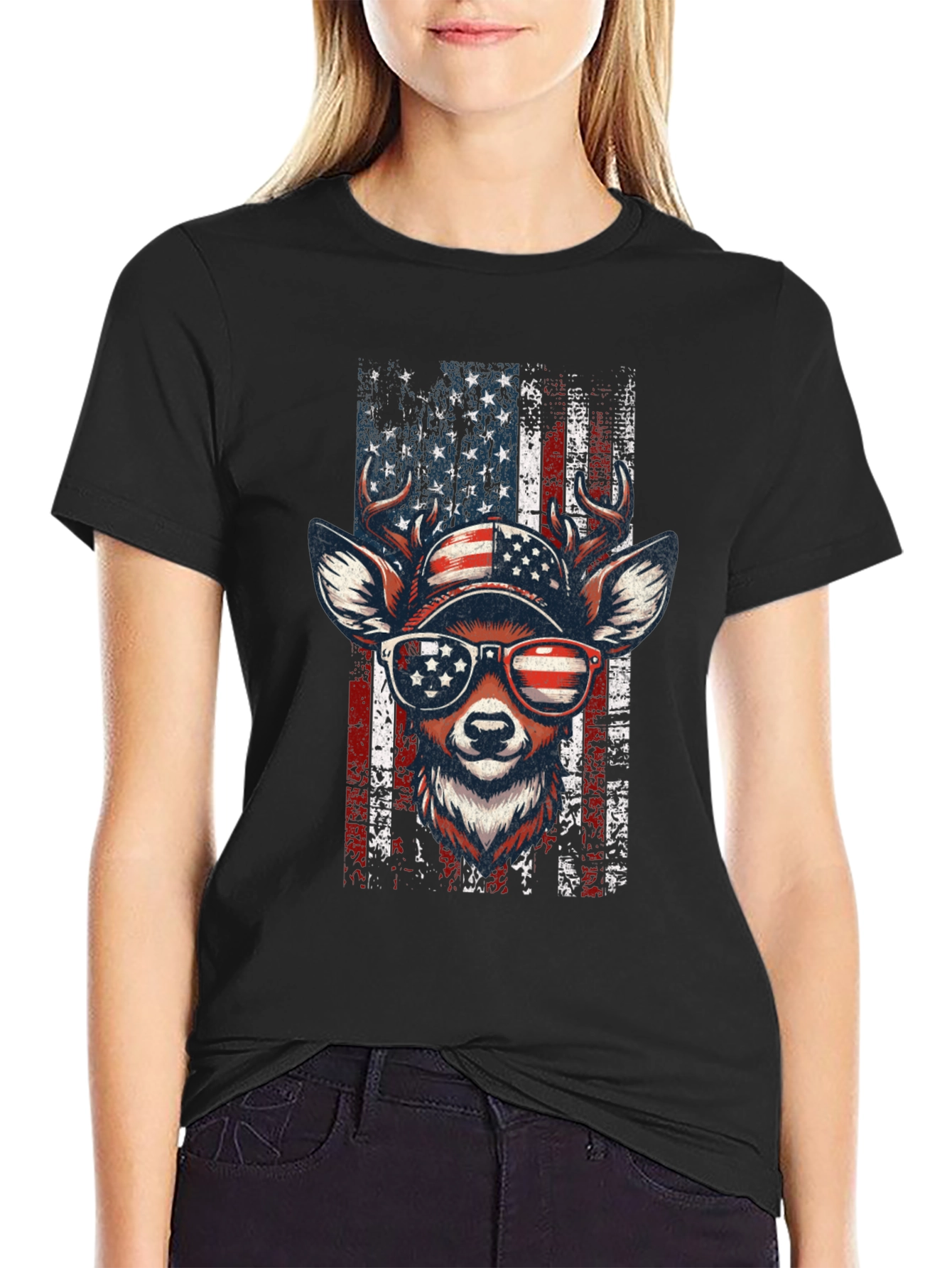 Patriotic Deer USA Flag Graphic T-Shirt