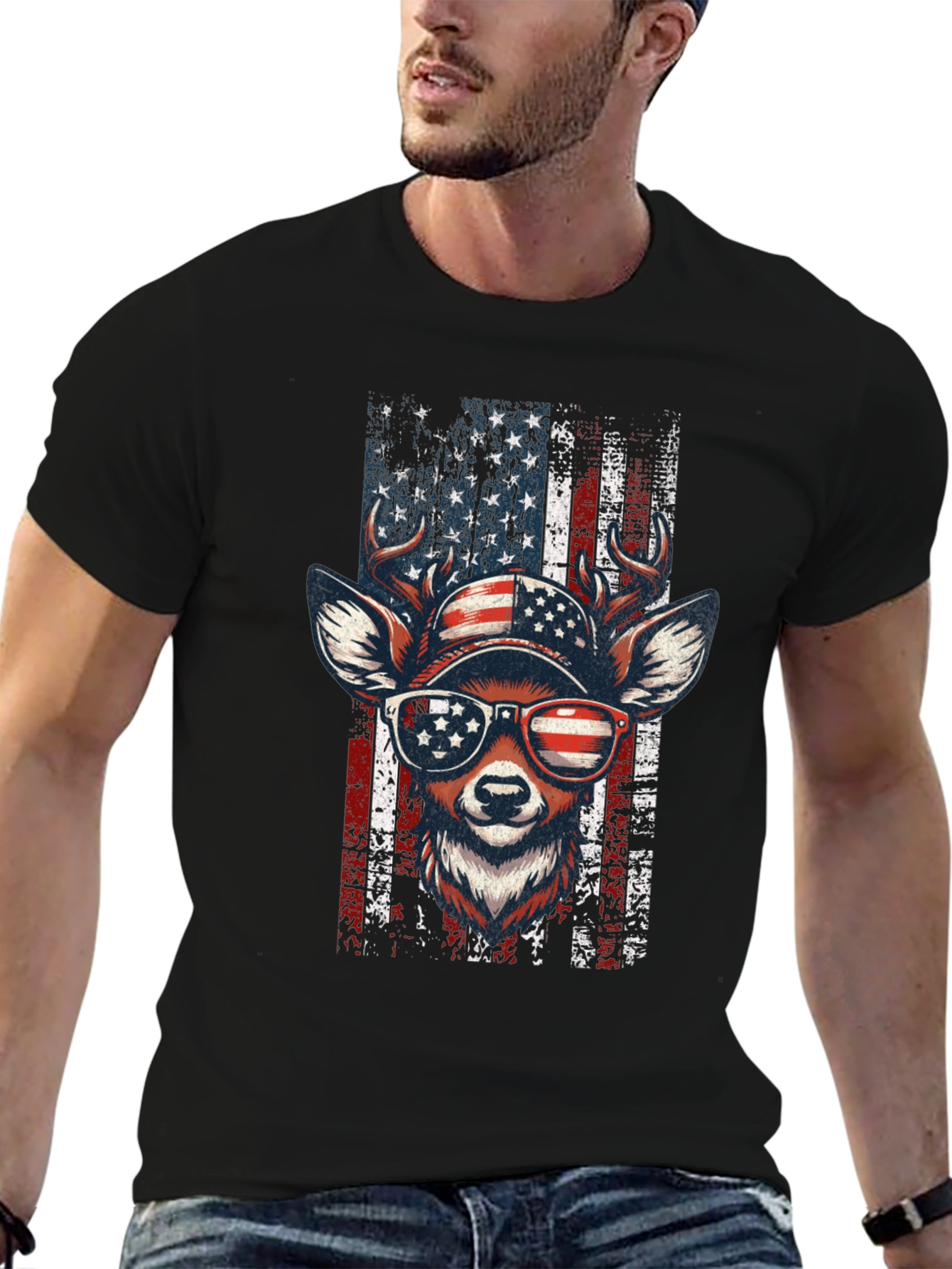 Patriotic Deer USA Flag Graphic T-Shirt