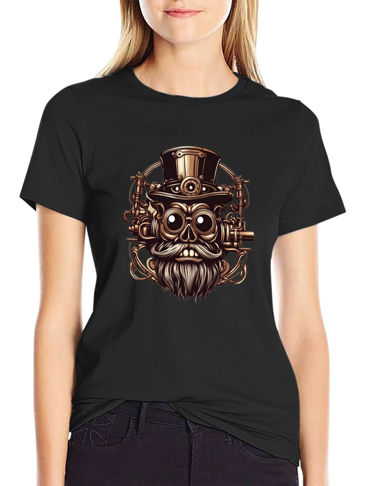 Steampunk Skull Graphic Tee - Black Cotton T-Shirt