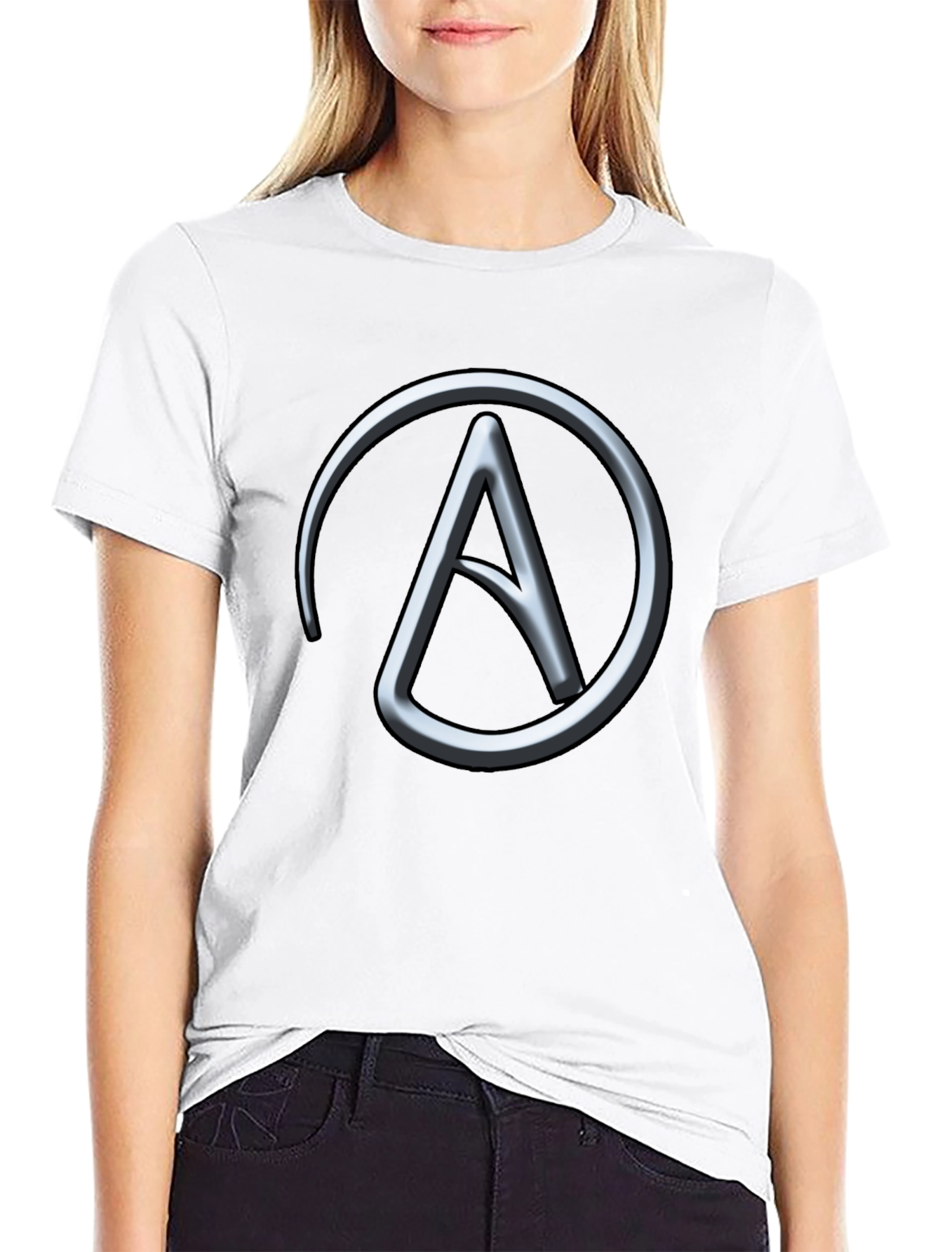 Silver Athiest Symbol on Black T-Shirt