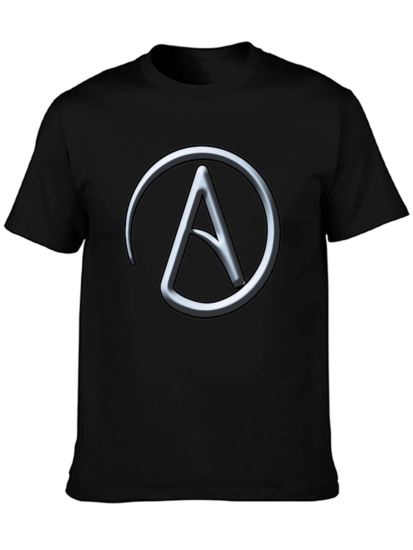 Silver Athiest Symbol on Black T-Shirt