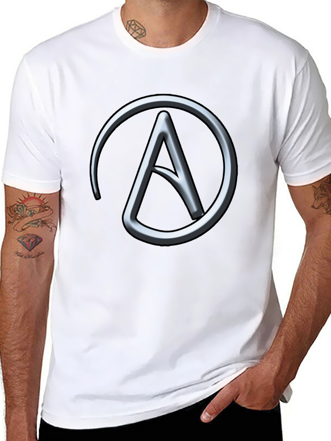 Silver Athiest Symbol on Black T-Shirt