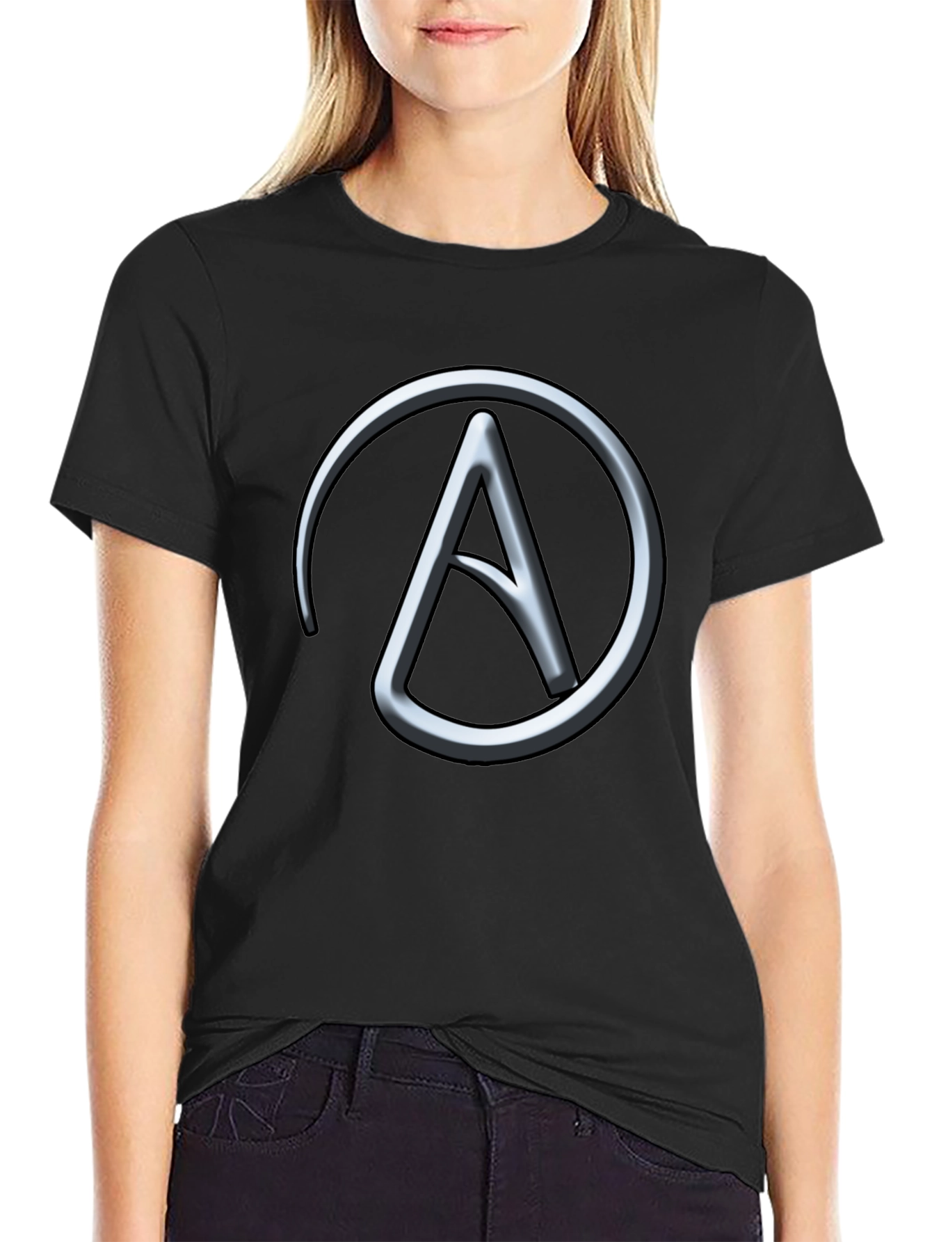 Silver Athiest Symbol on Black T-Shirt